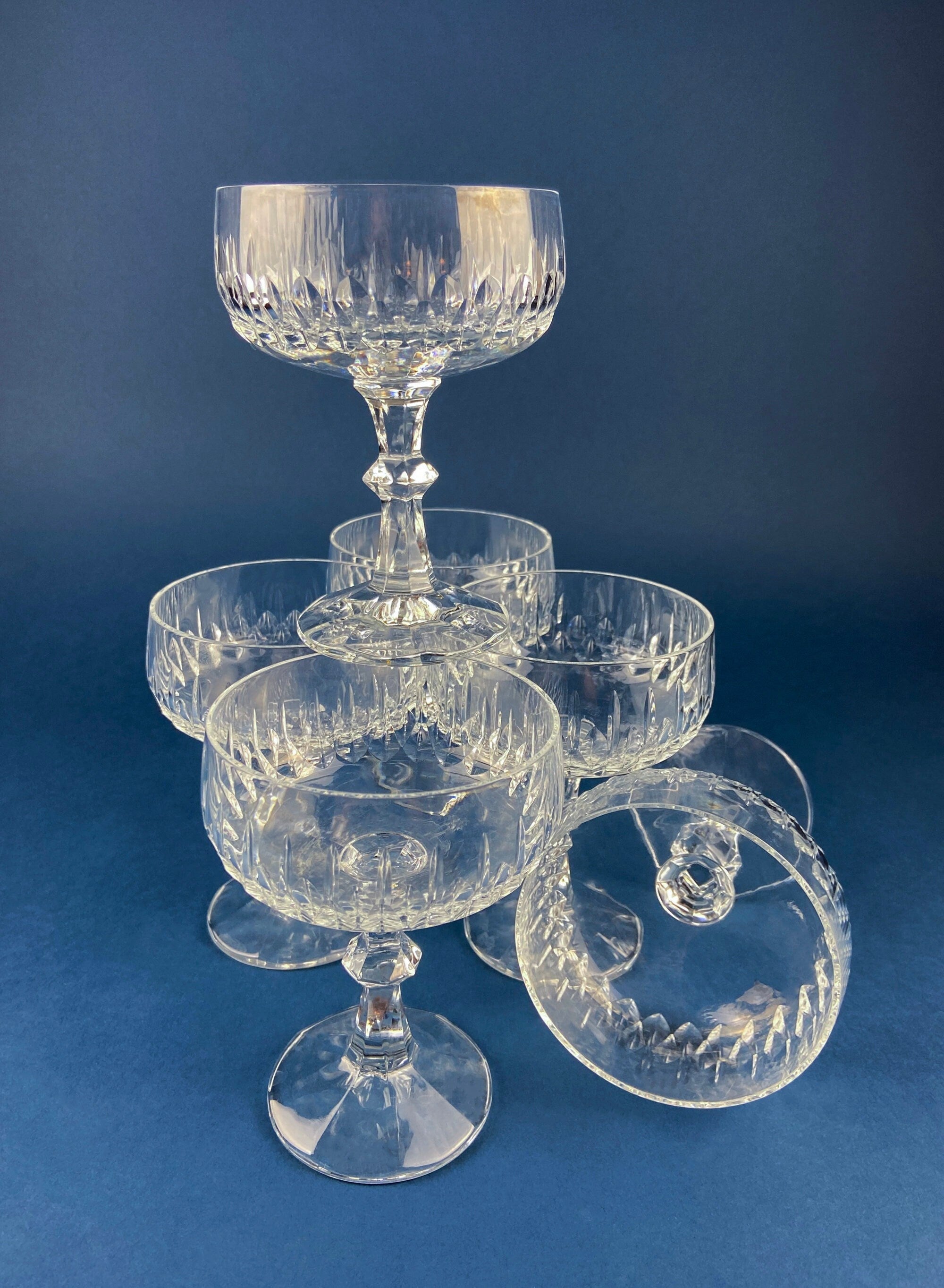 Cut Crystal Champagne Glasses – Geometric Motif, Set of 7