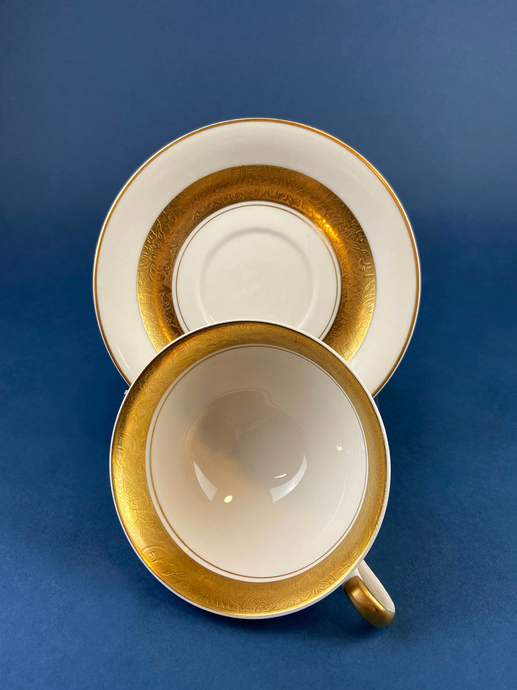 Royal Jackson Tea Cup & Saucer – Cream Porcelain with Gold Band, Made in USA