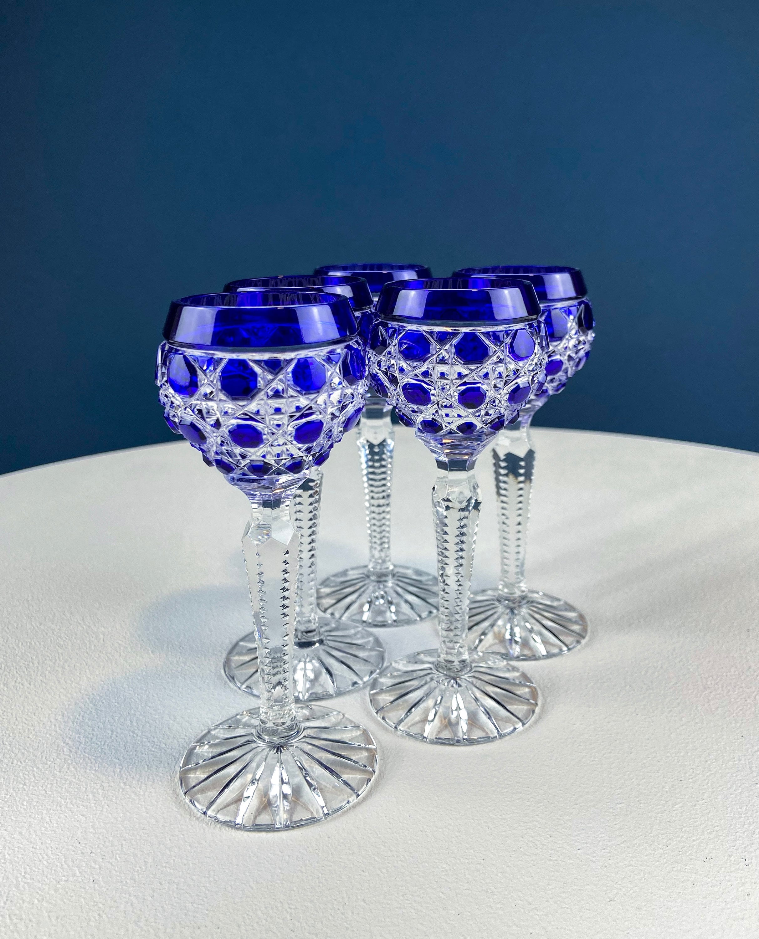 Bohemian Crystal Cordial Glasses – Sapphire to Clear Cut Crystal, Set of 5