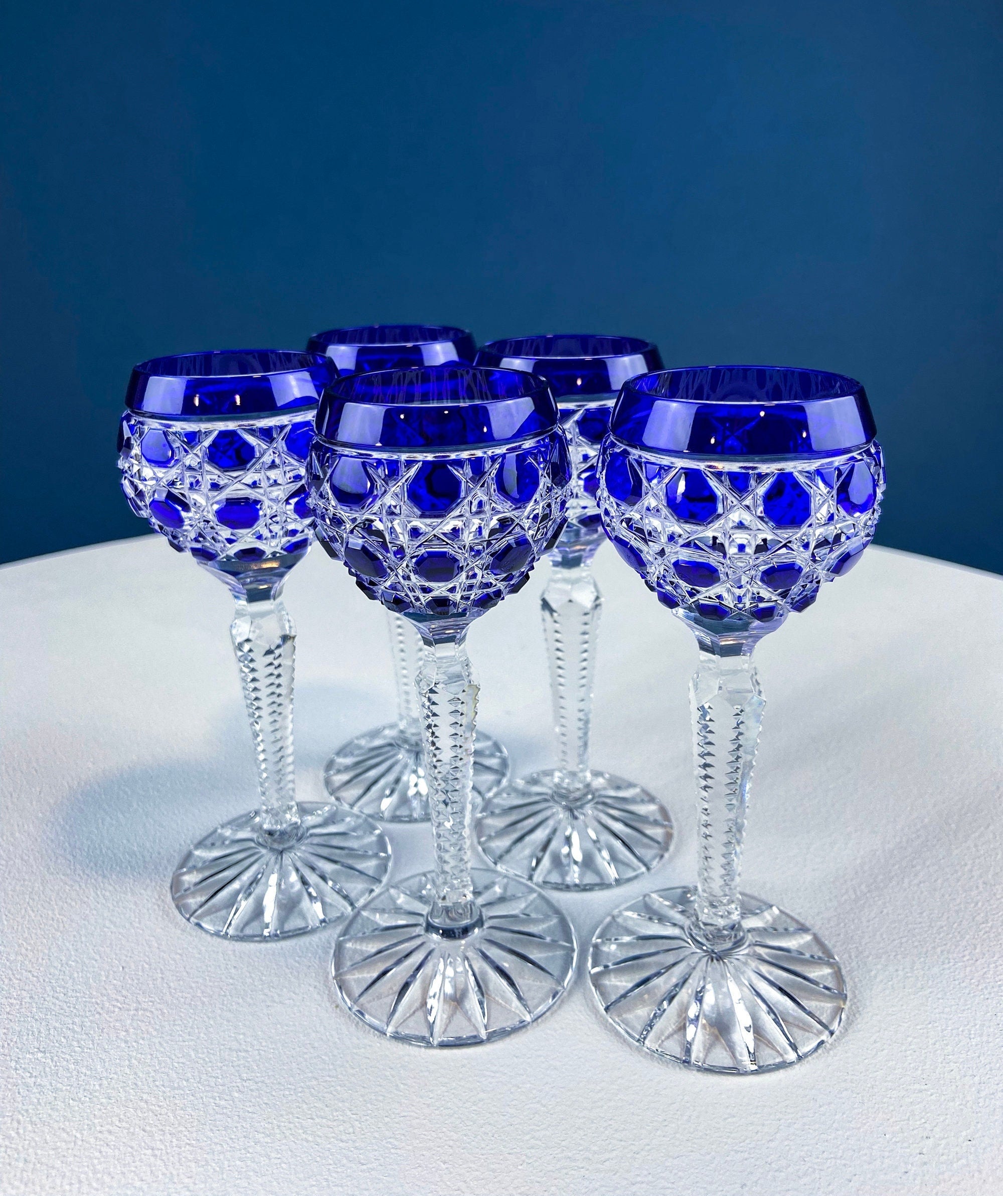 Bohemian Crystal Cordial Glasses – Sapphire to Clear Cut Crystal, Set of 5