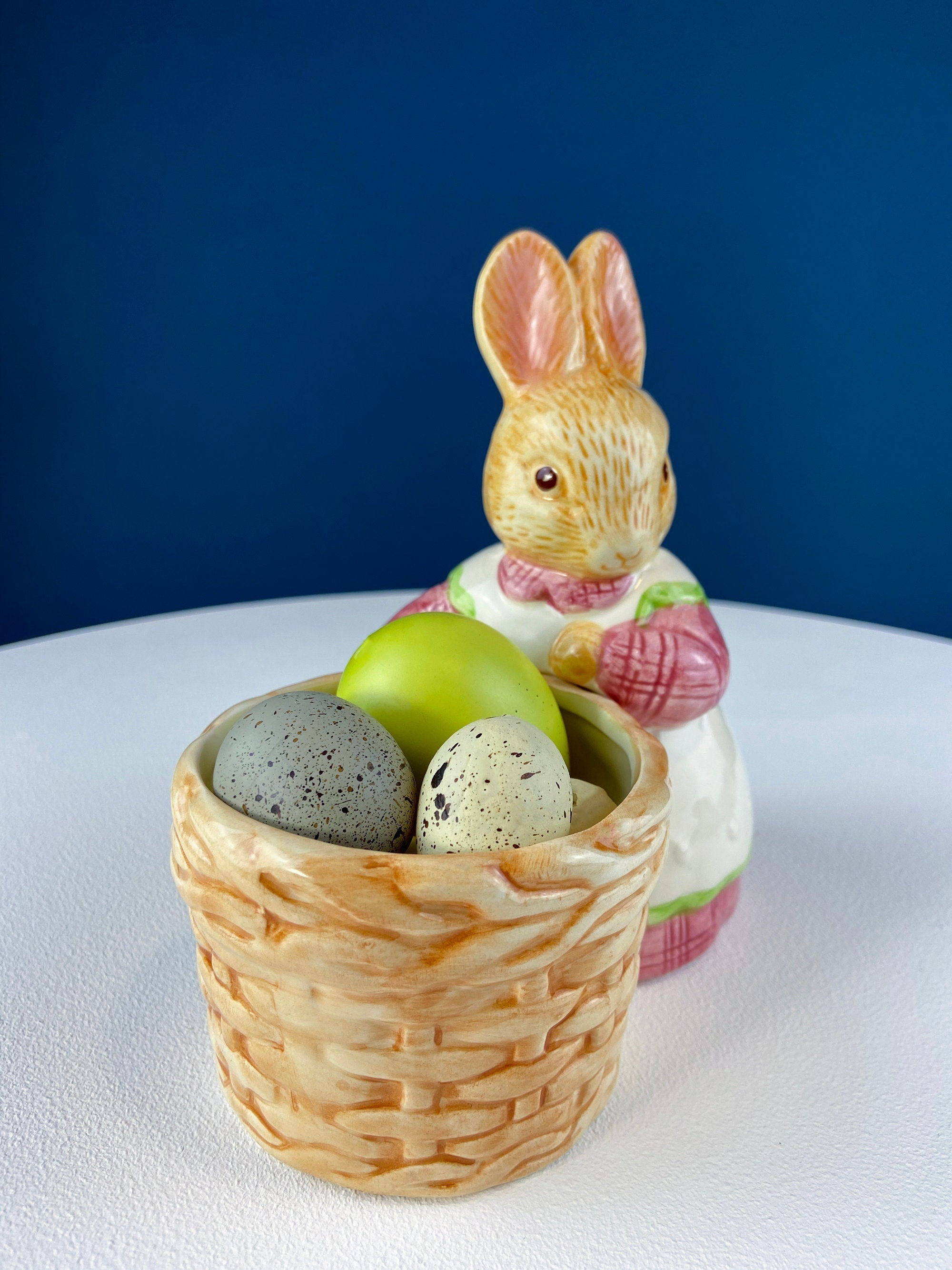 Porcelain Mom Bunny Figurine. Hand-Painted Girl Rabbit Wearing Apron and Carrying Basket. Vintage Easter Display. Kids Room.