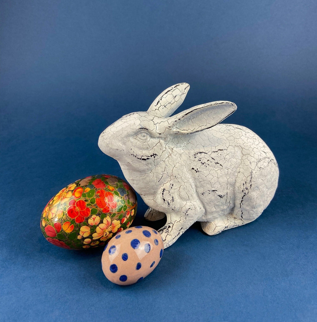 Rustic Bunny Figurine. Rabbit with Cracked Paint Texture. Vintage Easter Display. Spring Celebration. Modern Farmhouse Living. Kids Room.