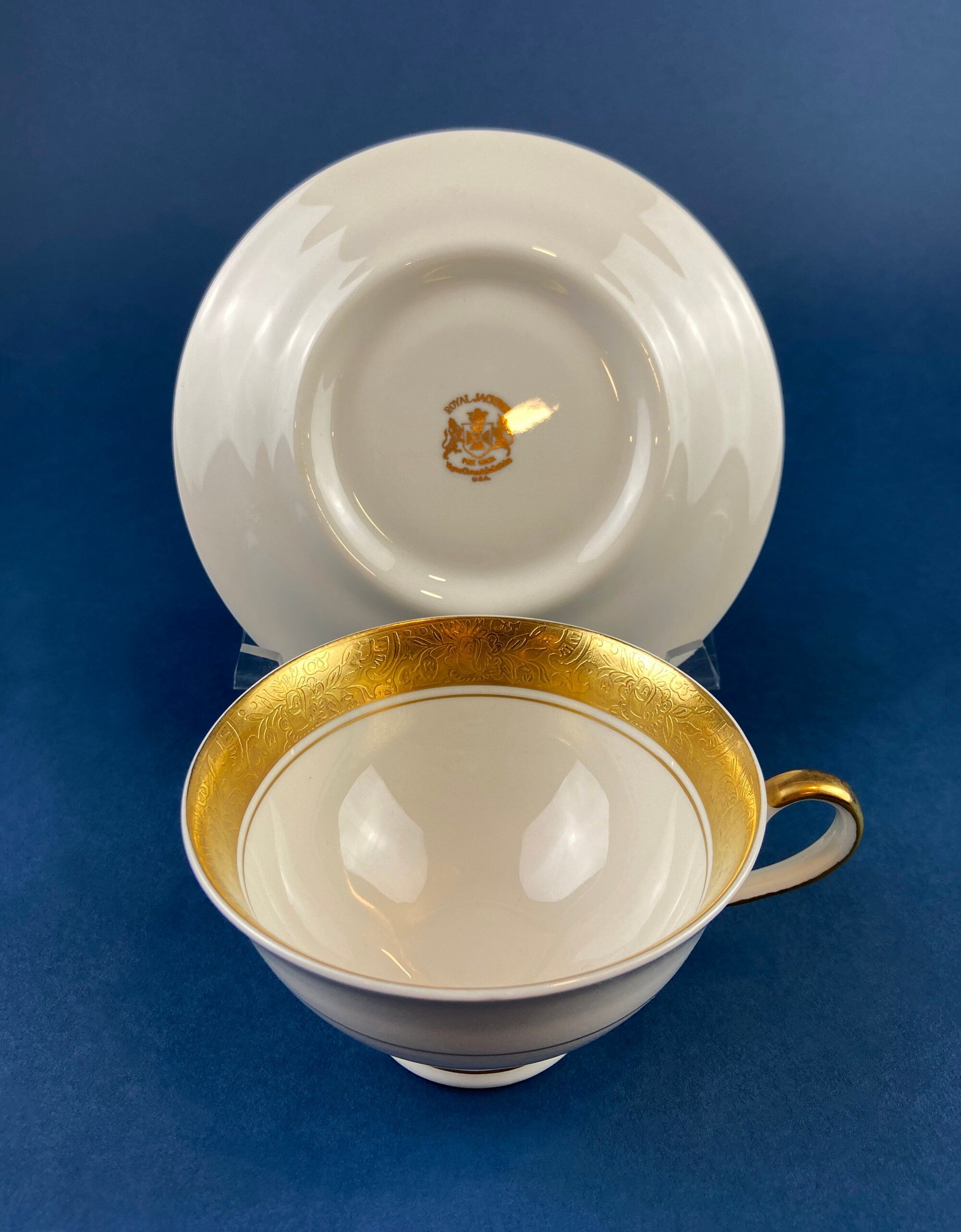 Royal Jackson Tea Cup & Saucer – Cream Porcelain with Gold Band, Made in USA