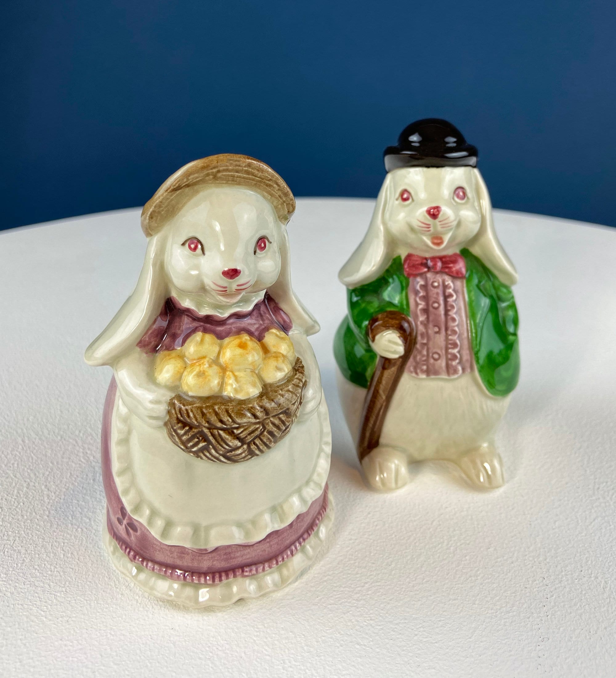 Otagiri Bunny Salt & Pepper Shakers. Well Dressed Male/Female Rabbits. Hand Painted Porcelain Couple. Pair of Rabbits for Easter, Everyday.