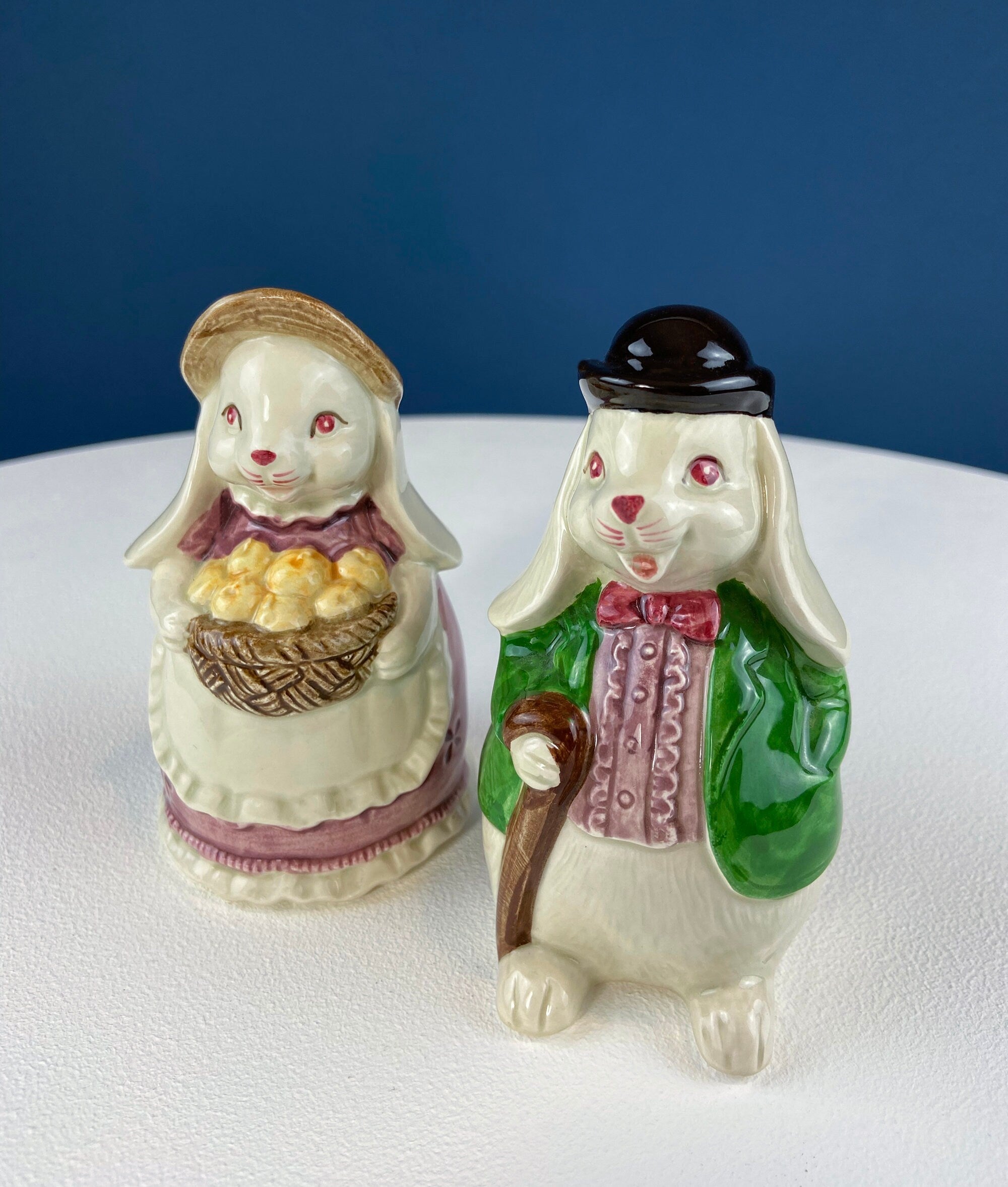 Otagiri Bunny Salt & Pepper Shakers. Well Dressed Male/Female Rabbits. Hand Painted Porcelain Couple. Pair of Rabbits for Easter, Everyday.