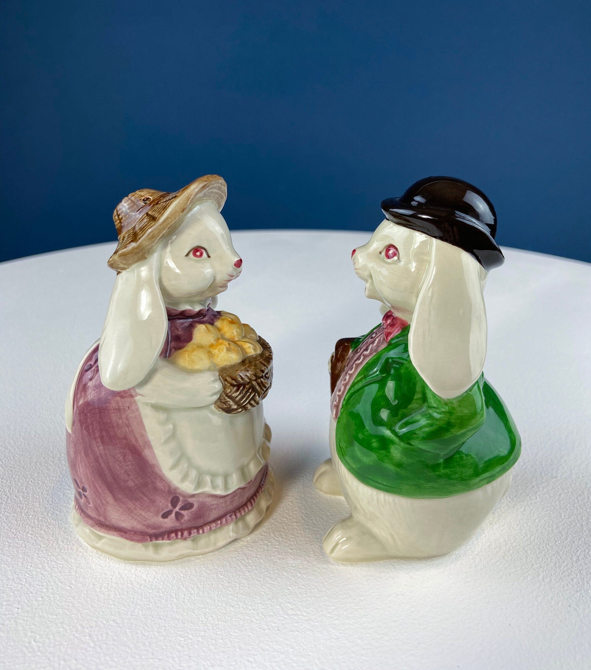 Otagiri Bunny Salt & Pepper Shakers. Well Dressed Male/Female Rabbits. Hand Painted Porcelain Couple. Pair of Rabbits for Easter, Everyday.