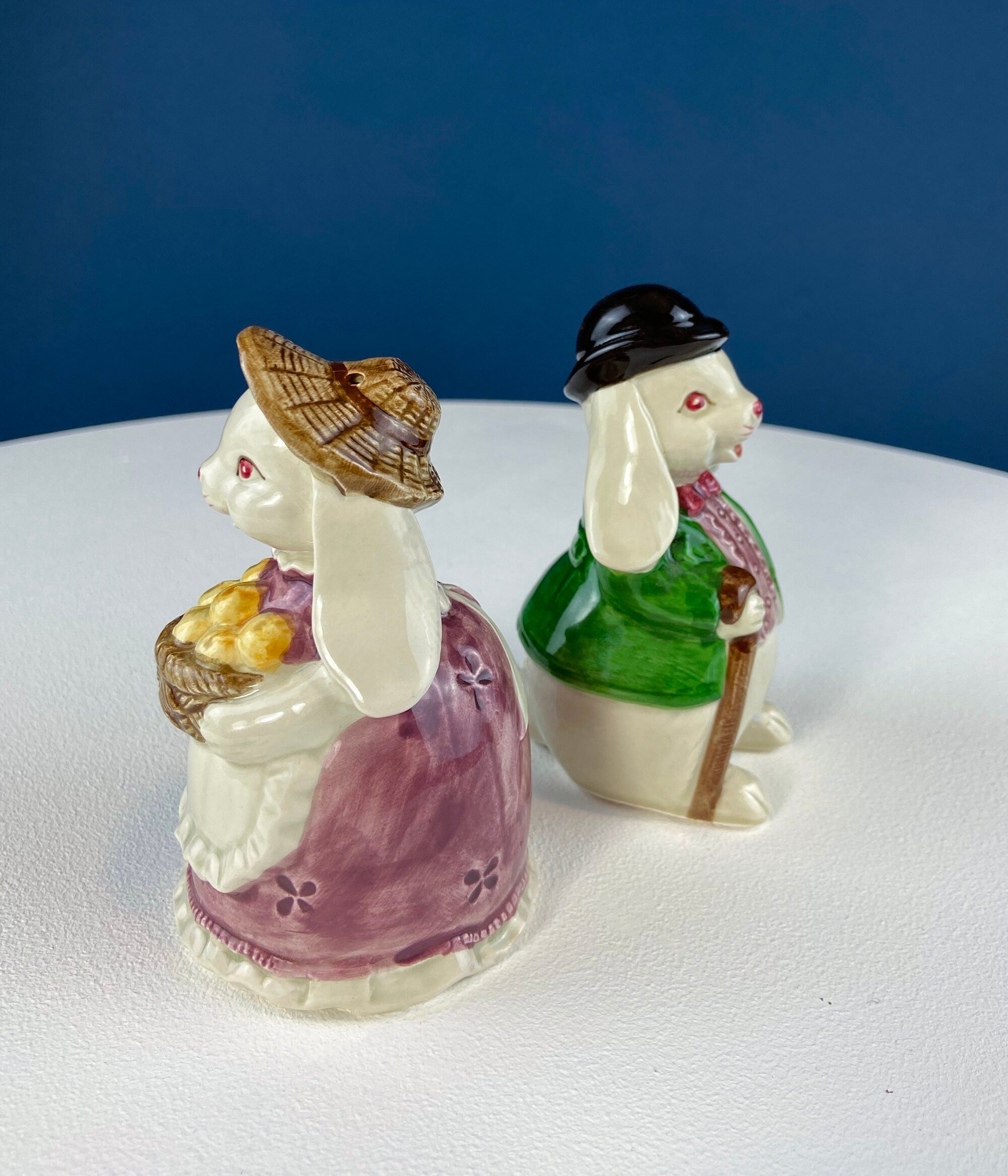 Otagiri Bunny Salt & Pepper Shakers. Well Dressed Male/Female Rabbits. Hand Painted Porcelain Couple. Pair of Rabbits for Easter, Everyday.