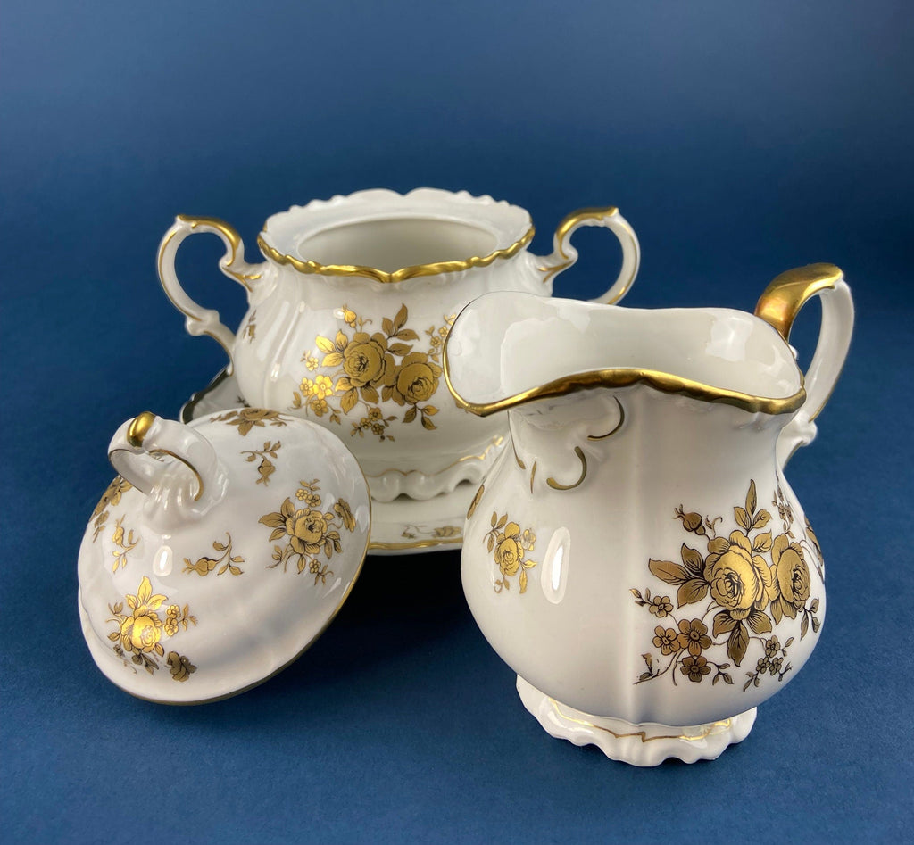 Antique Weimar Porcelain Katharina Tea Trio – White & Gold Floral, Made in GDR