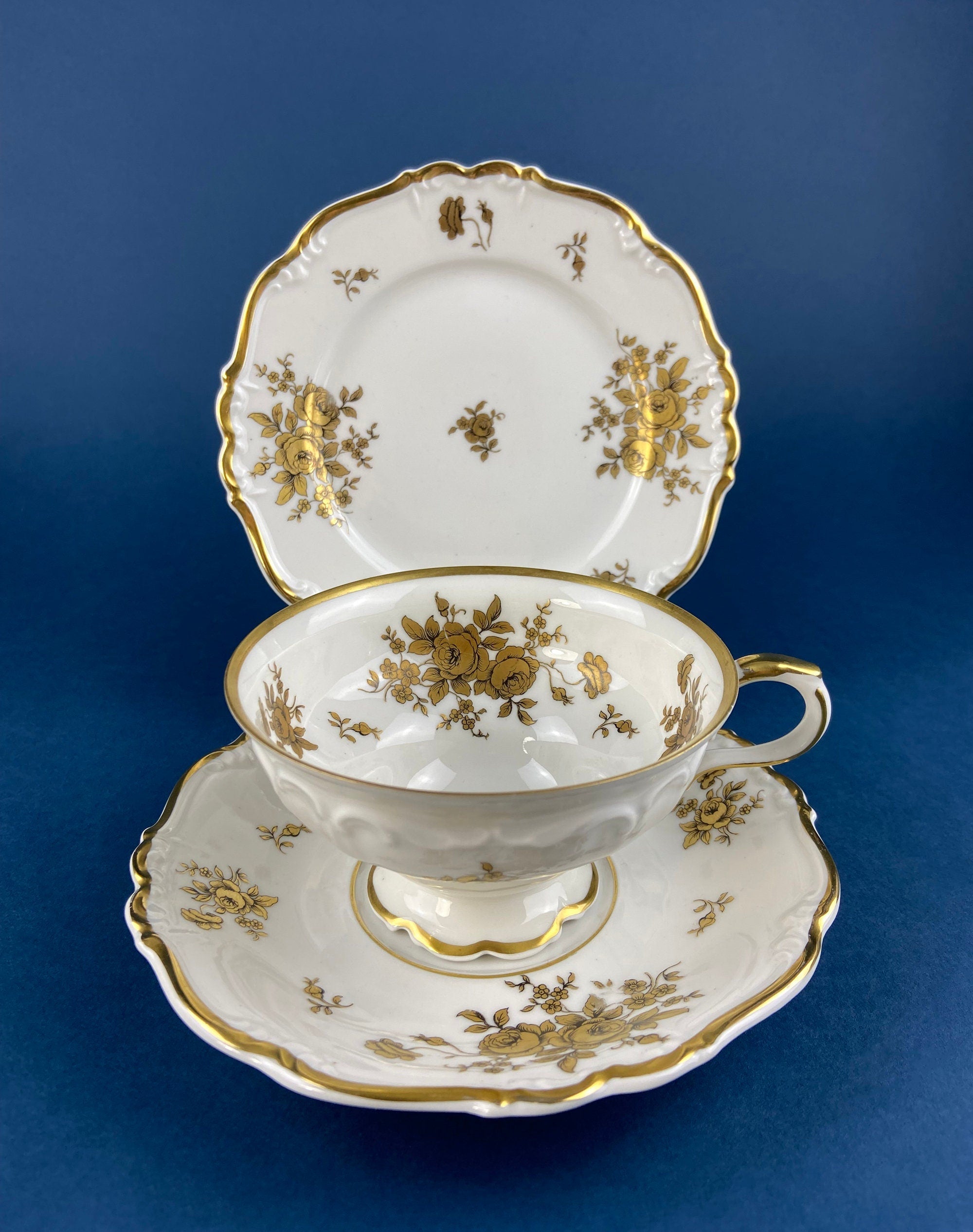 Antique Weimar Porcelain Katharina Tea Trio – White & Gold Floral, Made in GDR