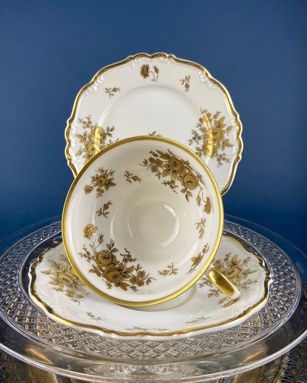 Antique Weimar Porcelain Katharina Tea Trio – White & Gold Floral, Made in GDR