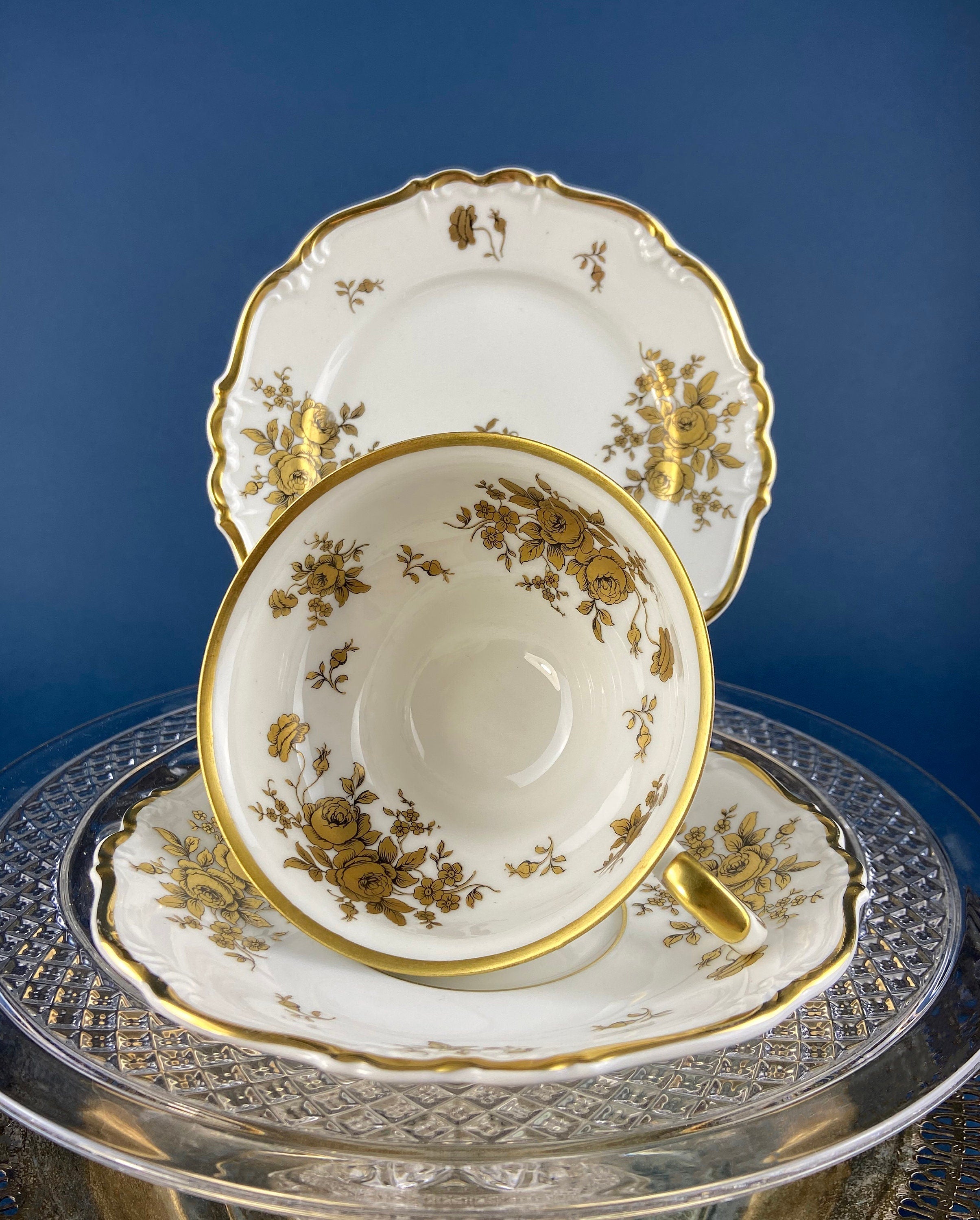 Antique Weimar Porcelain Katharina Tea Trio – White & Gold Floral, Made in GDR