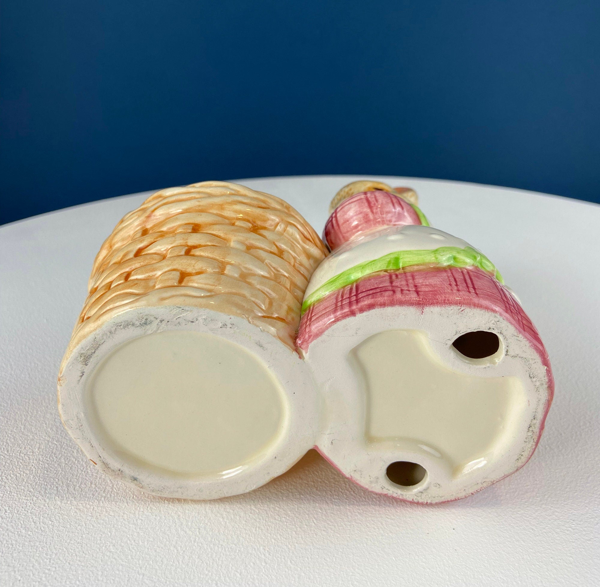 Porcelain Mom Bunny Figurine. Hand-Painted Girl Rabbit Wearing Apron and Carrying Basket. Vintage Easter Display. Kids Room.