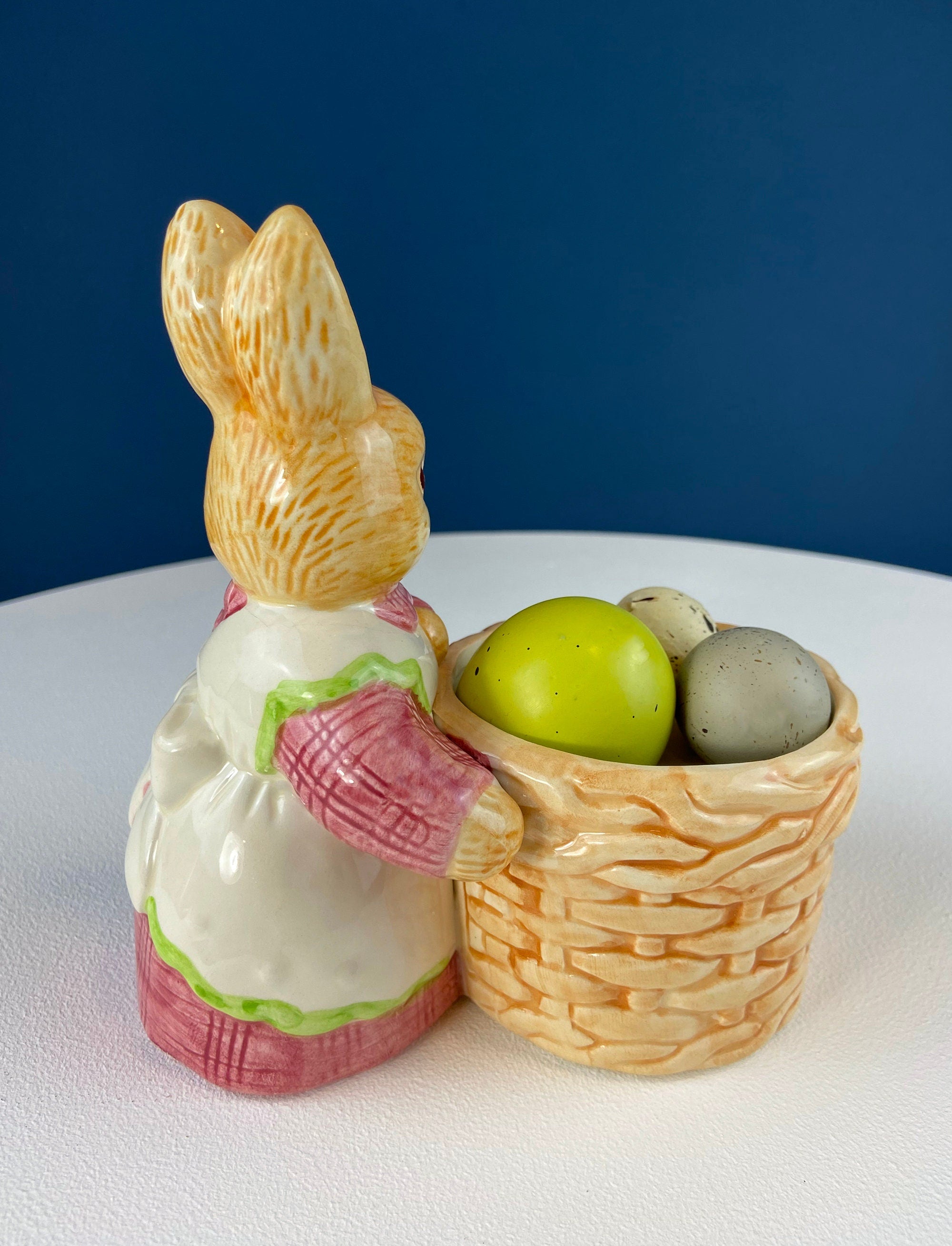 Porcelain Mom Bunny Figurine. Hand-Painted Girl Rabbit Wearing Apron and Carrying Basket. Vintage Easter Display. Kids Room.