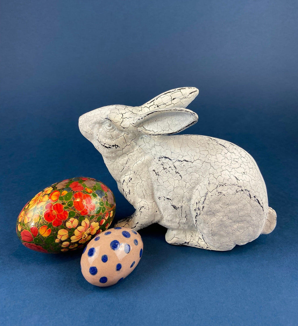 Rustic Bunny Figurine. Rabbit with Cracked Paint Texture. Vintage Easter Display. Spring Celebration. Modern Farmhouse Living. Kids Room.