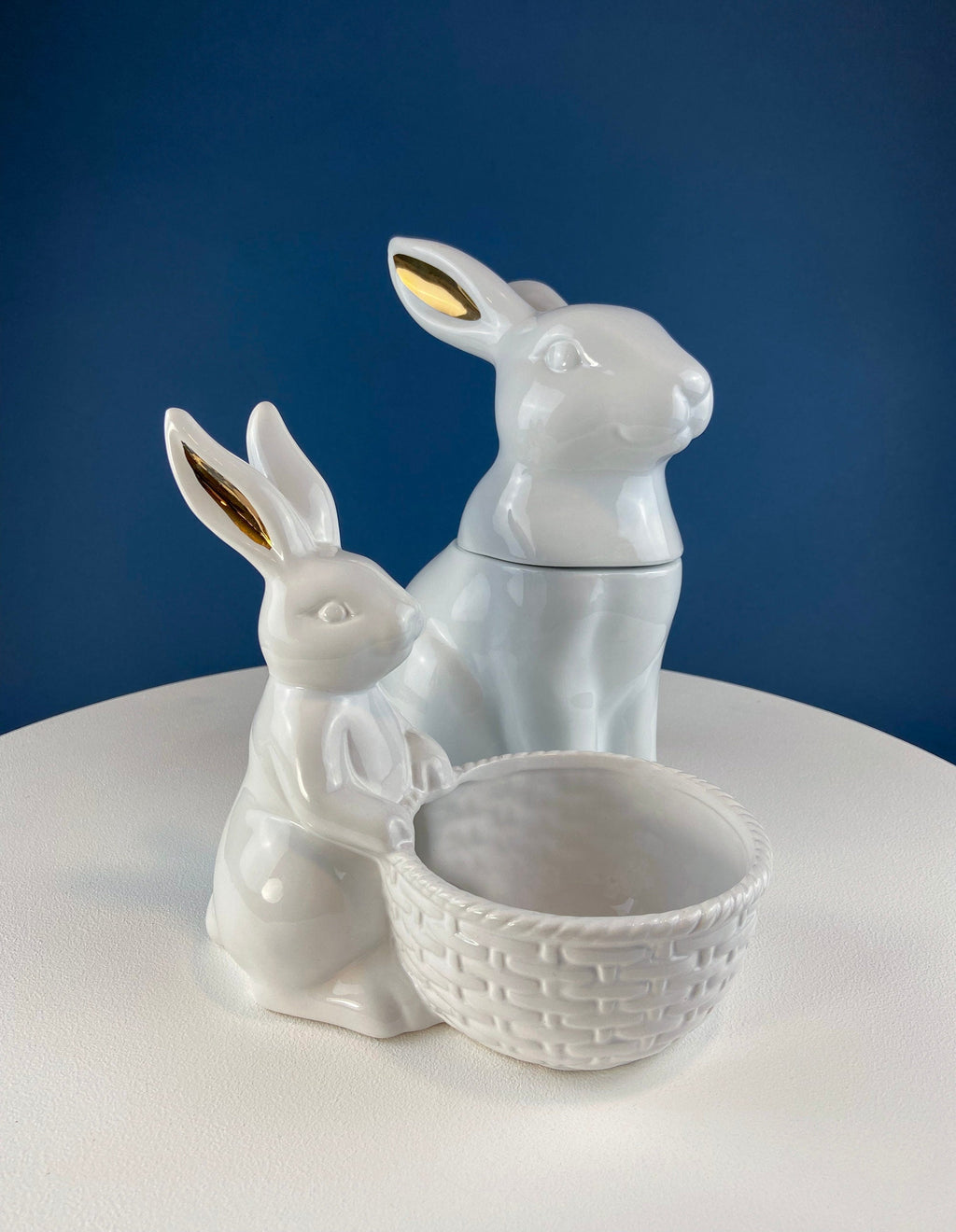 Cute White Ceramic Bunny with Sunflower Basket and Pink Bow. Small Rabbit Planter or Candy Dish. Easter Spring Decor. Table Display.