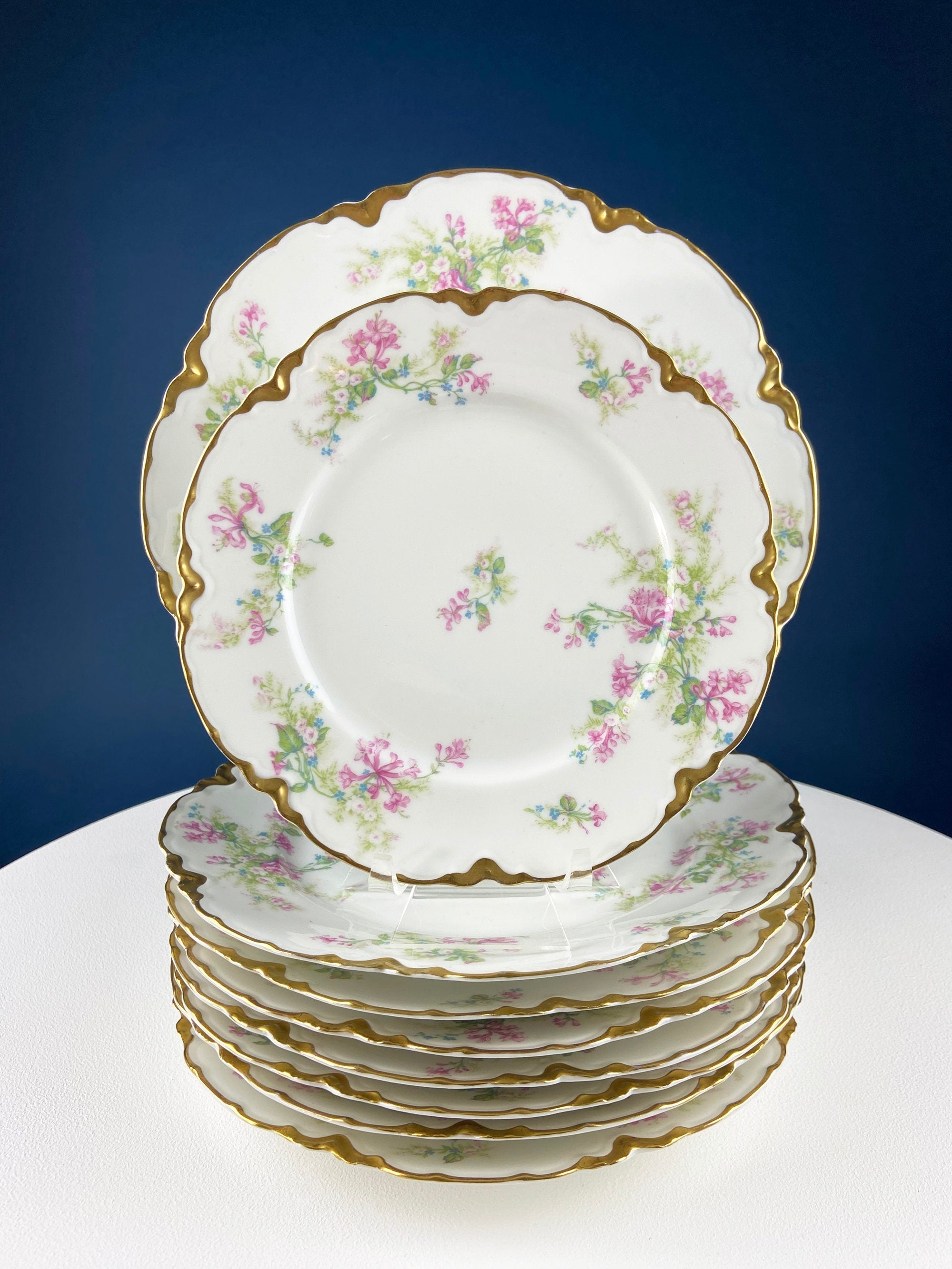 Antique Limoges Plate – Yellow & Pink Roses, Indian Red Scalloped Rim
