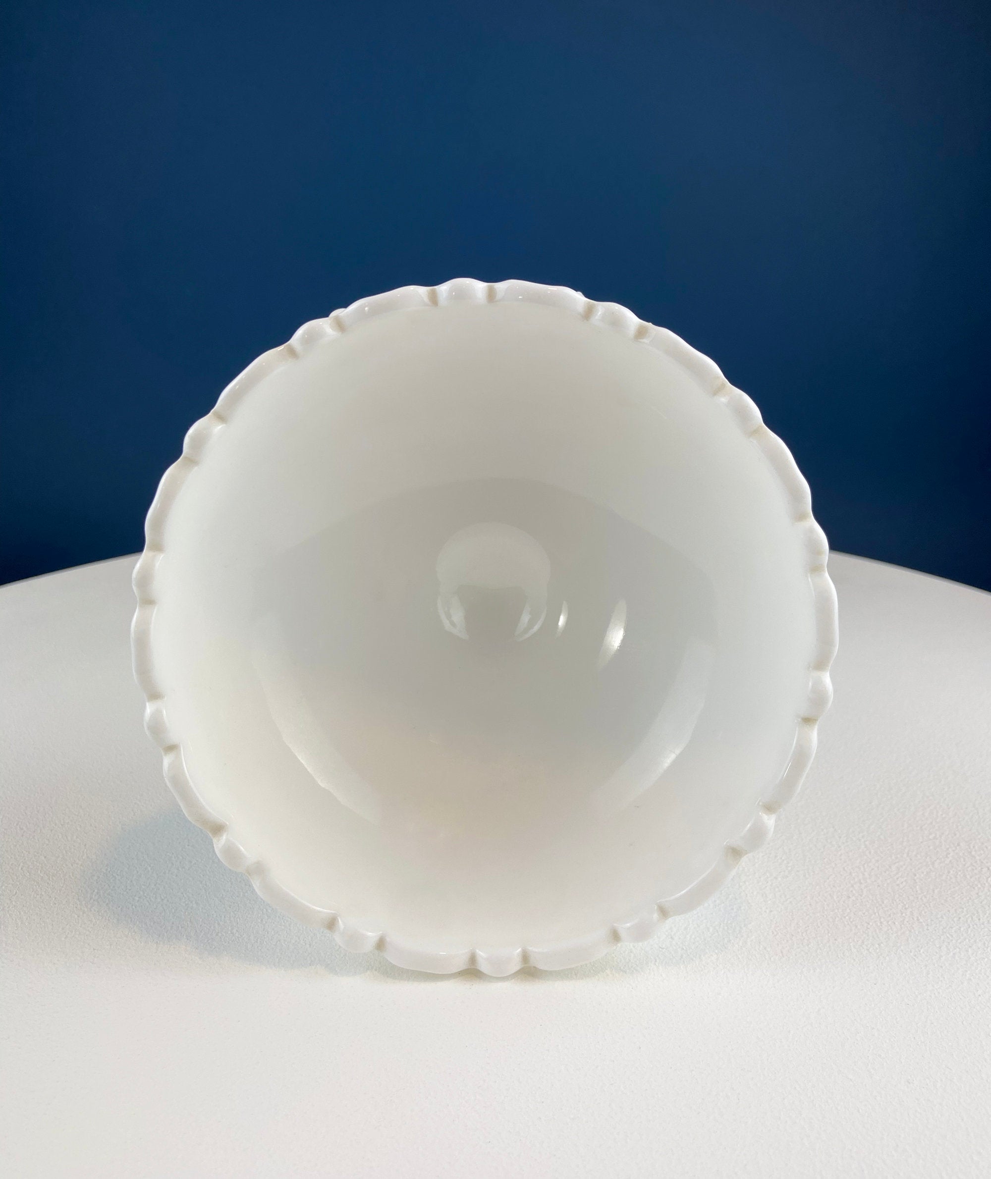 Milk Glass Footed Compote with 3D Roses & Scalloped Rim