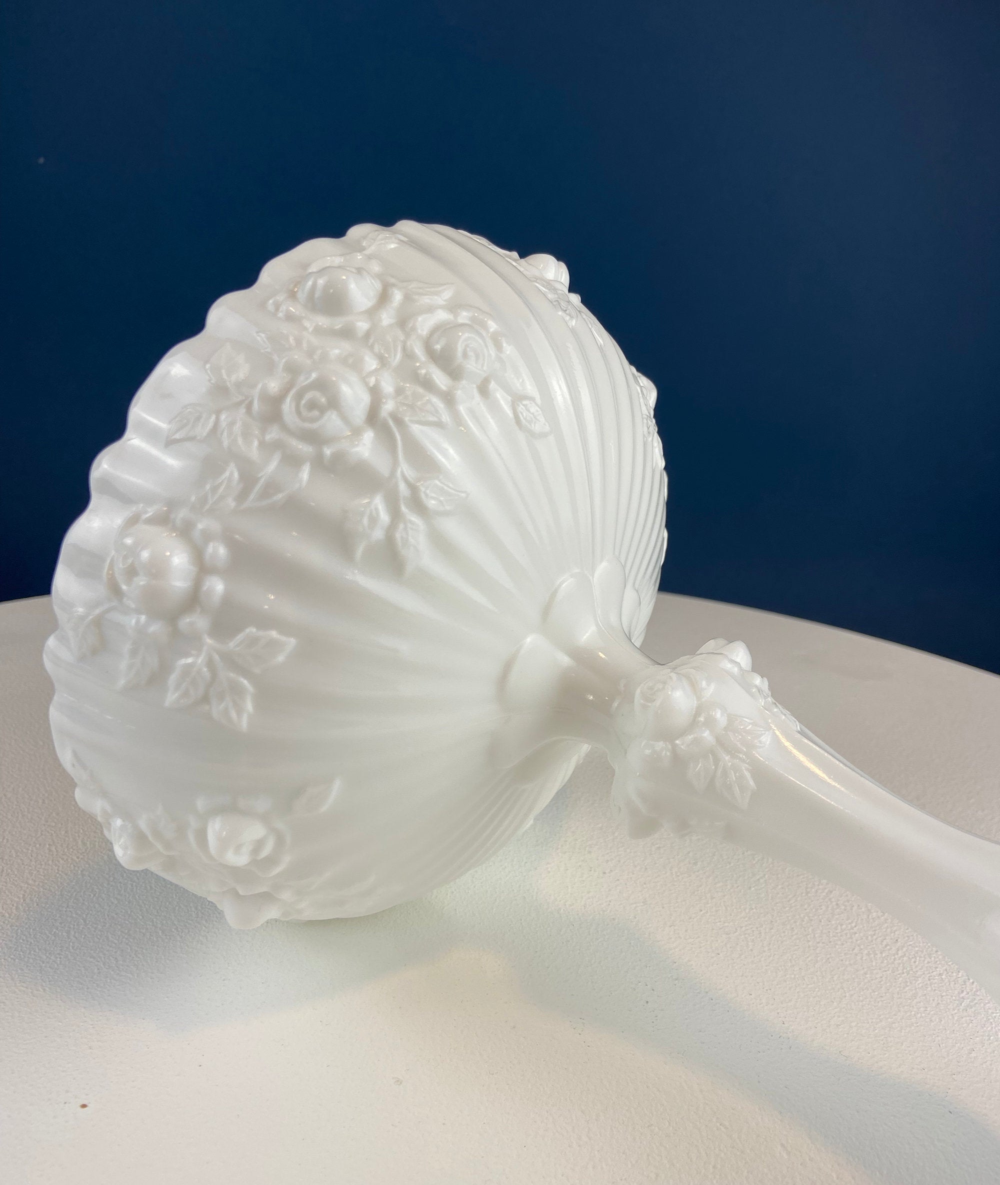Milk Glass Footed Compote with 3D Roses & Scalloped Rim