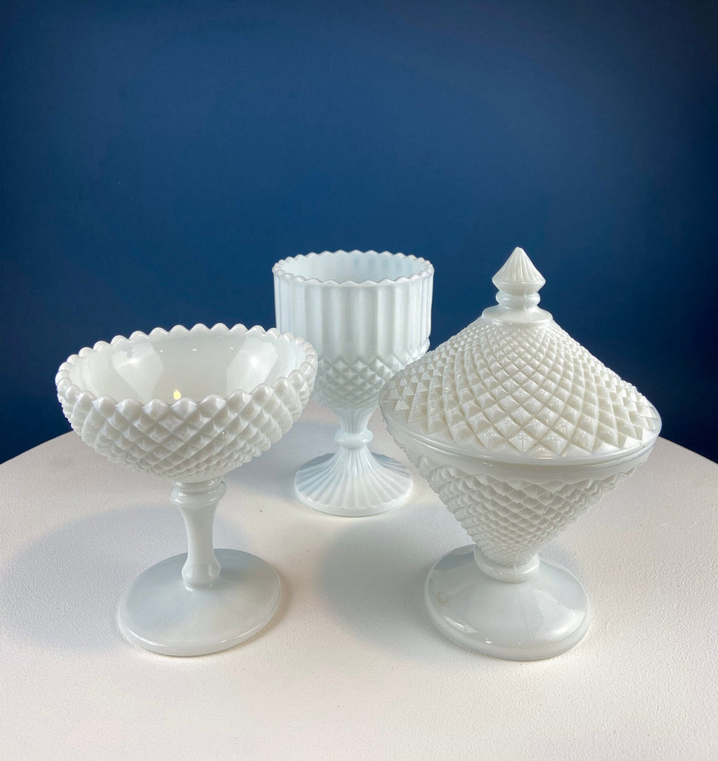 Milk Glass Diamond Pattern Compote with Lid