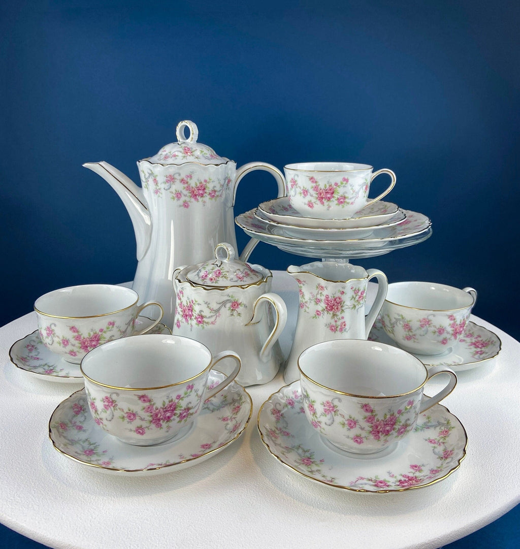 Antique Hutschenreuther Porcelain Coffee & Tea Set – Hand-Painted Floral, 12 Pieces