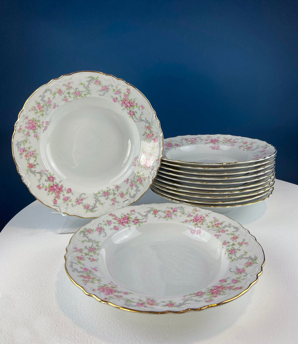 Antique Hutschenreuther Richelieu Rose Garland Soup Plates – Set of 12