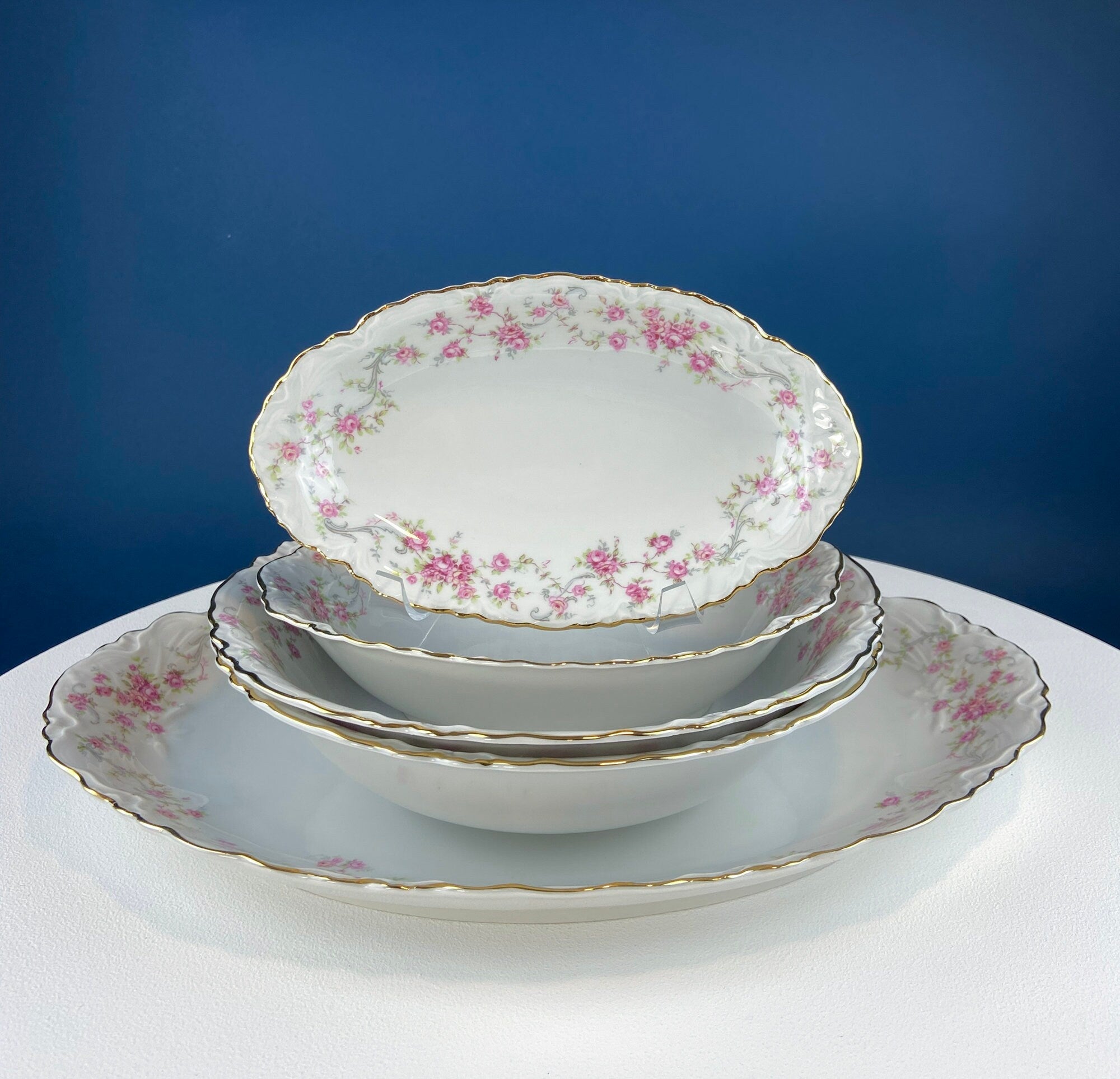Antique Hutschenreuther Pink Rose Garland Serving Set – 5 Pieces