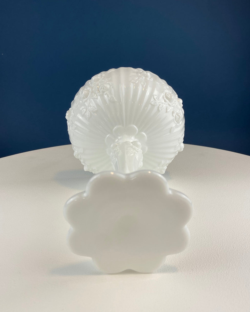 Milk Glass Footed Compote with 3D Roses & Scalloped Rim