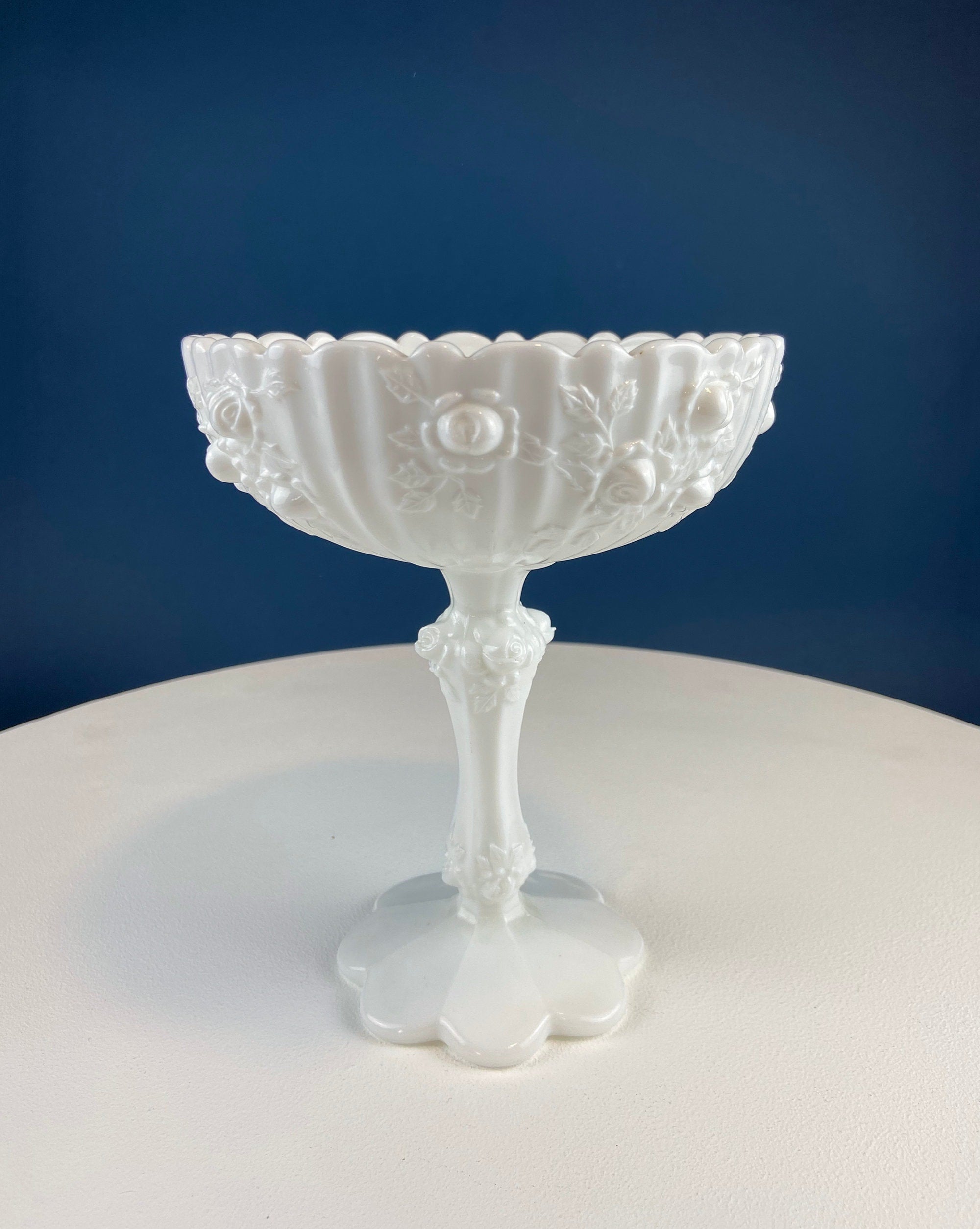 Milk Glass Footed Compote with 3D Roses & Scalloped Rim