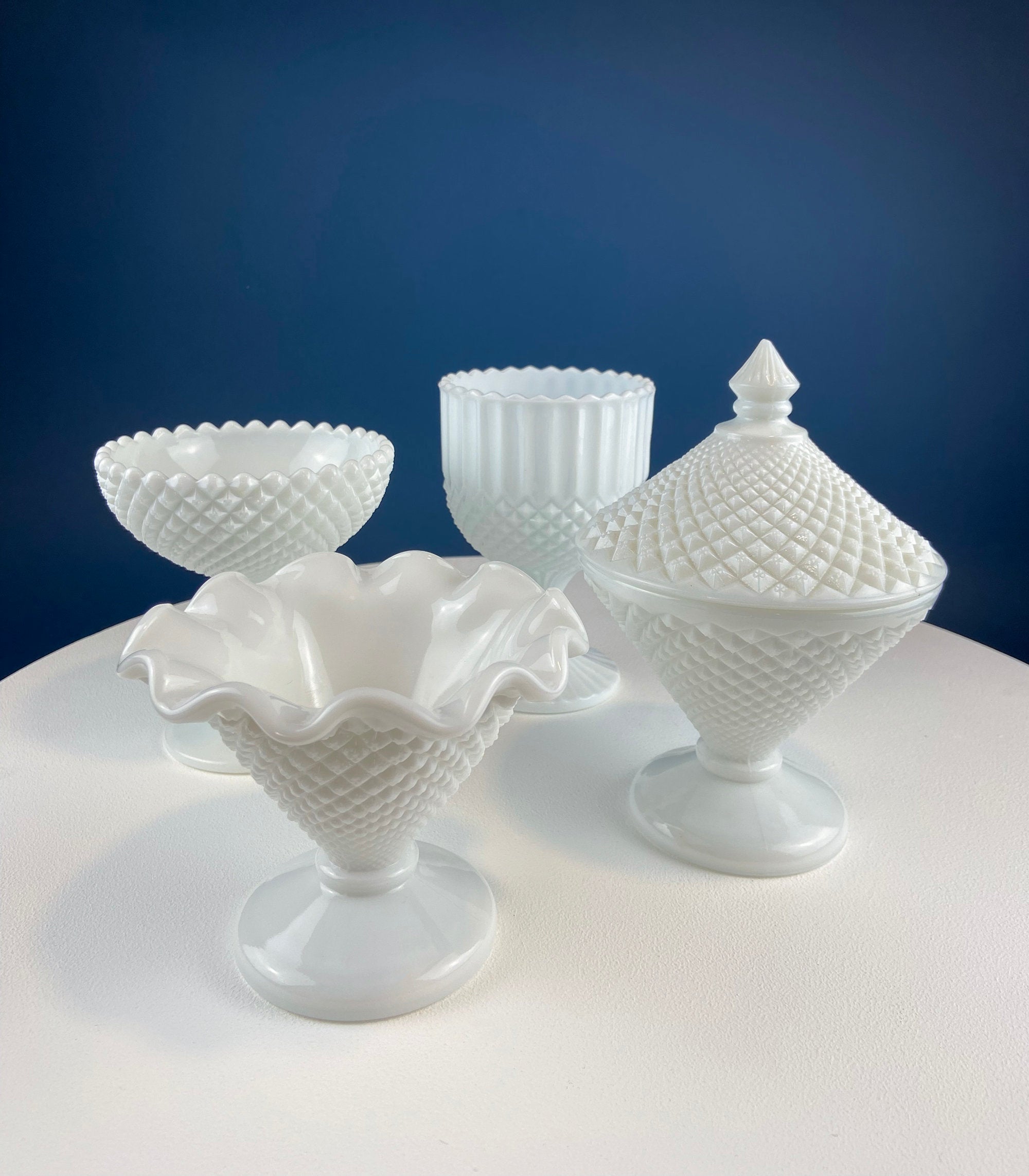 Milk Glass Diamond Pattern Compote with Lid