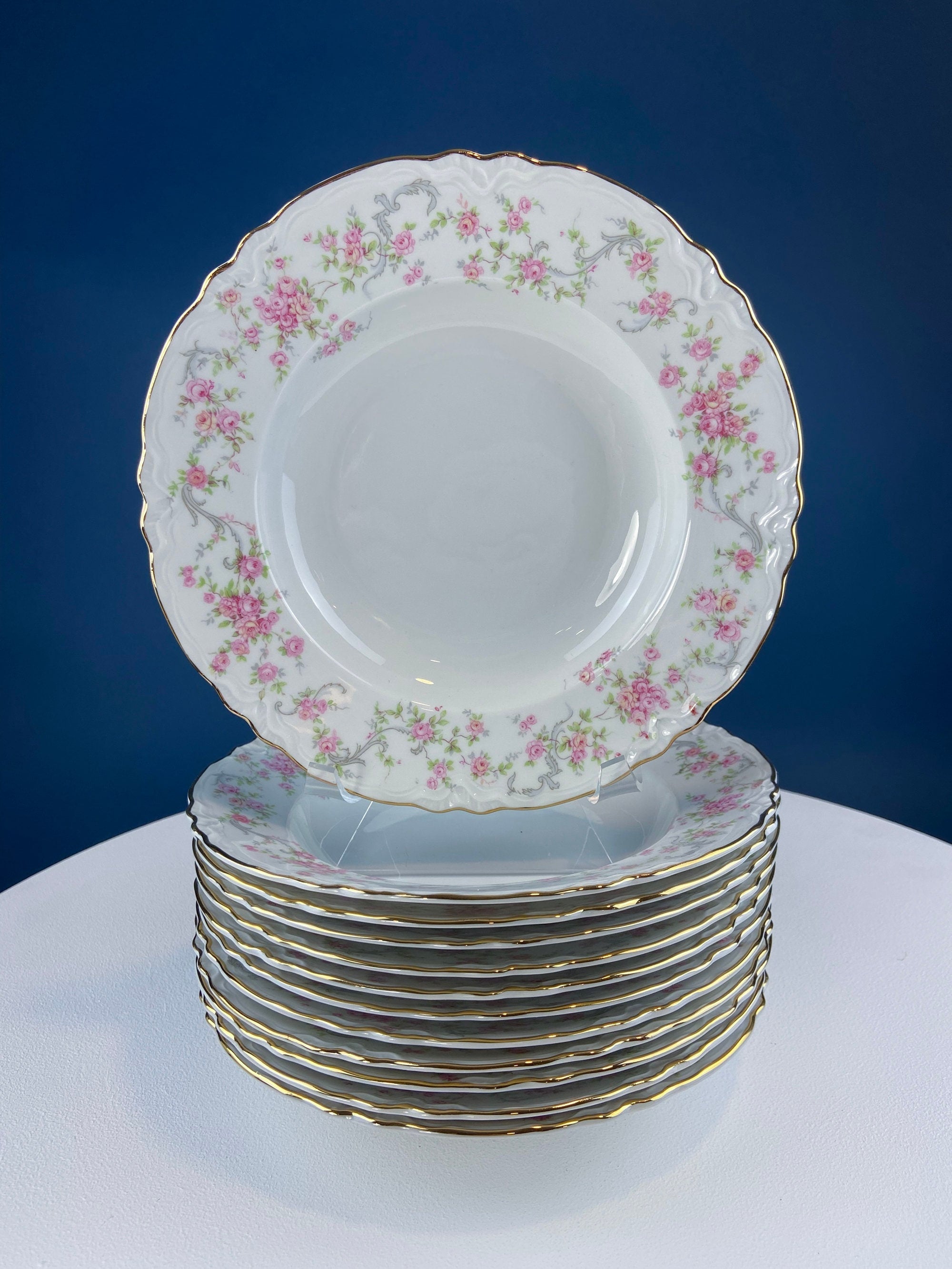 Antique Hutschenreuther Richelieu Rose Garland Soup Plates – Set of 12