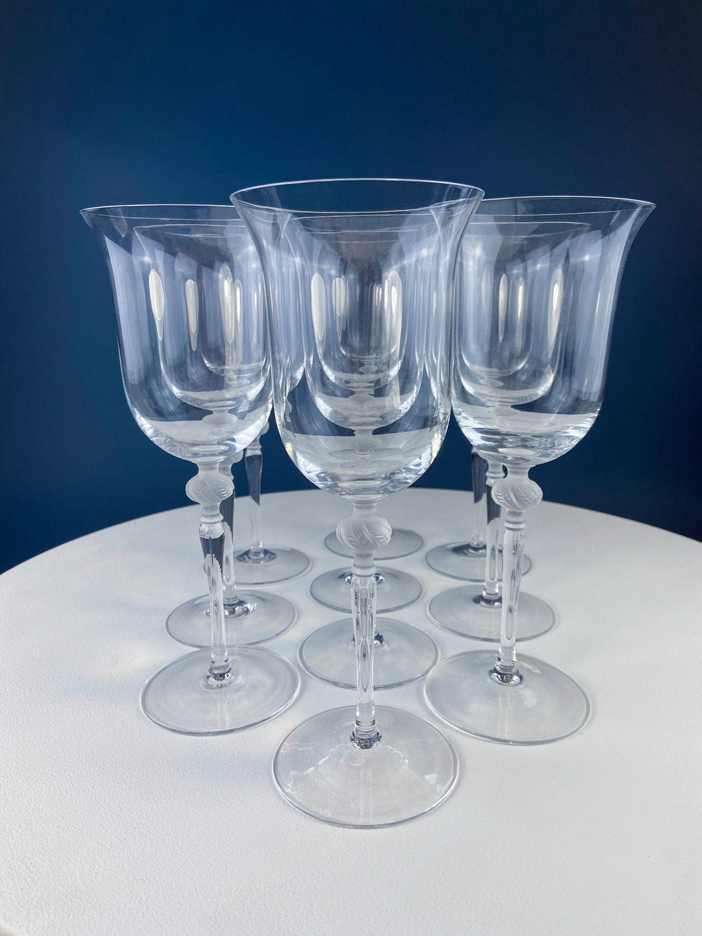 Clear Crystal Wine Goblets with Frosted Leaf Ball on the Stems. Stunning Sasaki Isabelle 8" Glassware. Long Ping. Set Of 10.