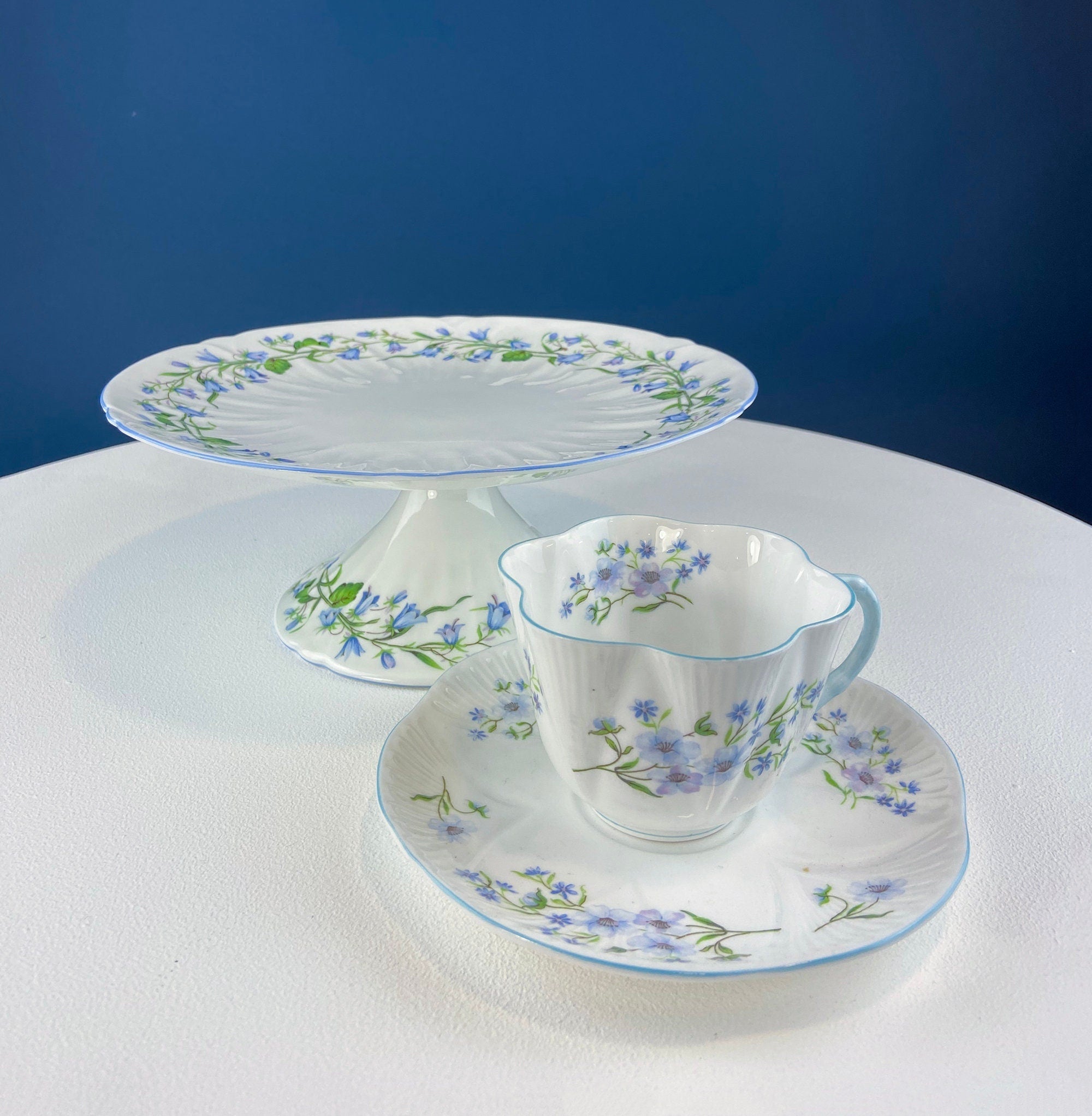 Antique Shelley Tea Cup & Saucer – Begonia Motif with Blue Handle