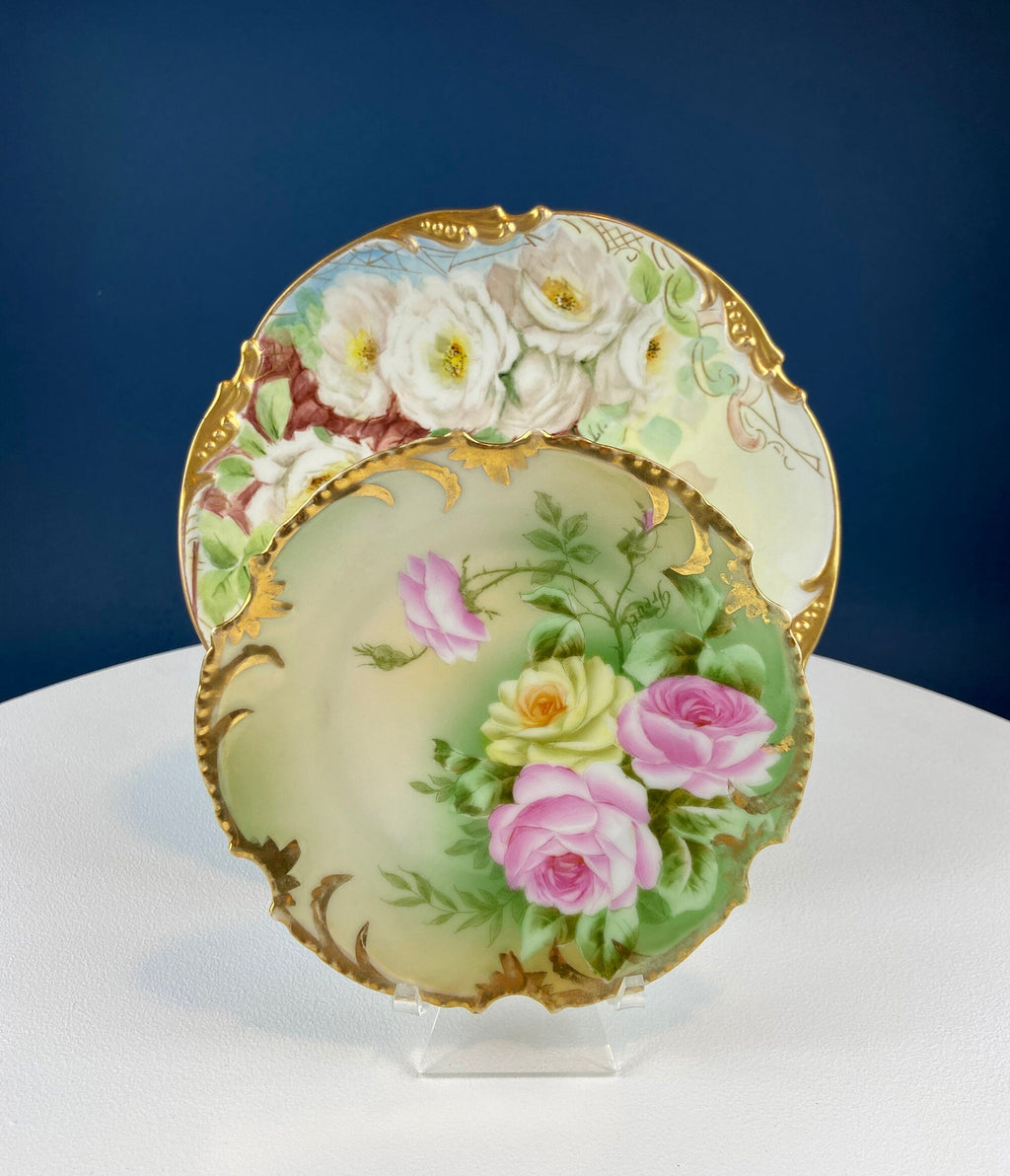 Antique German Hand-Painted Pink Rose Serving Plate, 12"