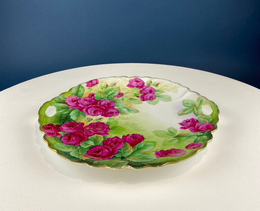Antique German Hand-Painted Pink Rose Serving Plate, 12"