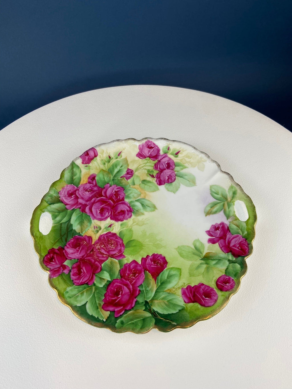 Antique German Hand-Painted Pink Rose Serving Plate, 12"