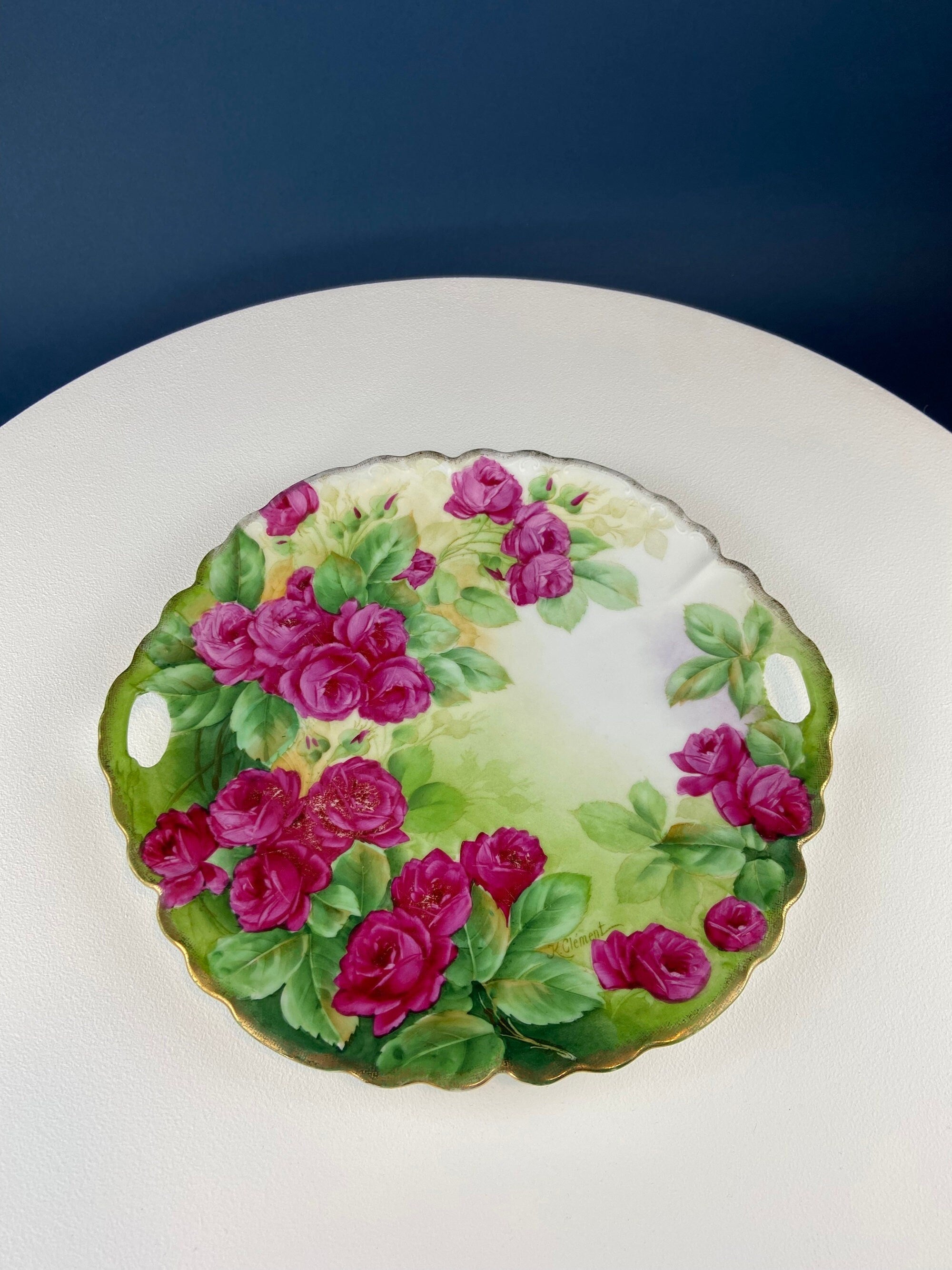 Antique German Hand-Painted Pink Rose Serving Plate, 12"