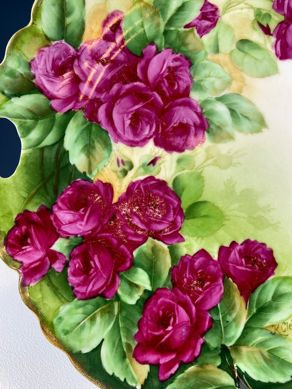 Antique German Hand-Painted Pink Rose Serving Plate, 12"
