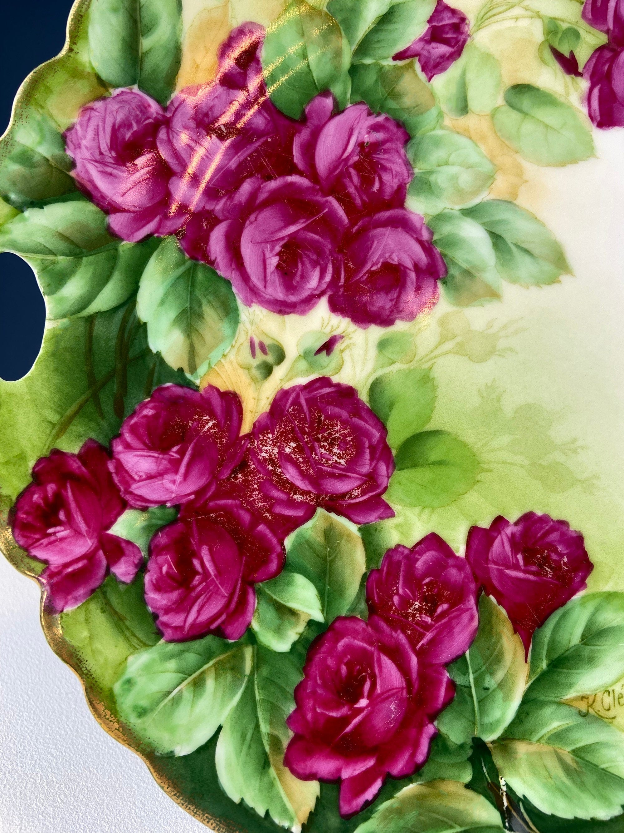 Antique German Hand-Painted Pink Rose Serving Plate, 12"