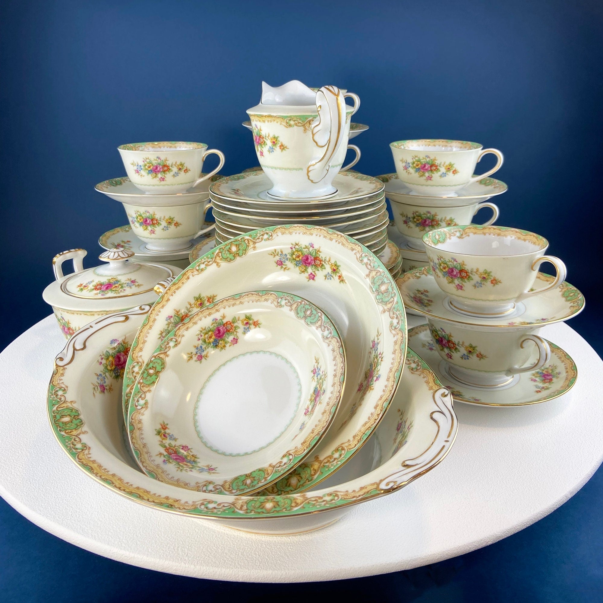 Mikado Fine China Green Floral Dinnerware Set – Complete Service