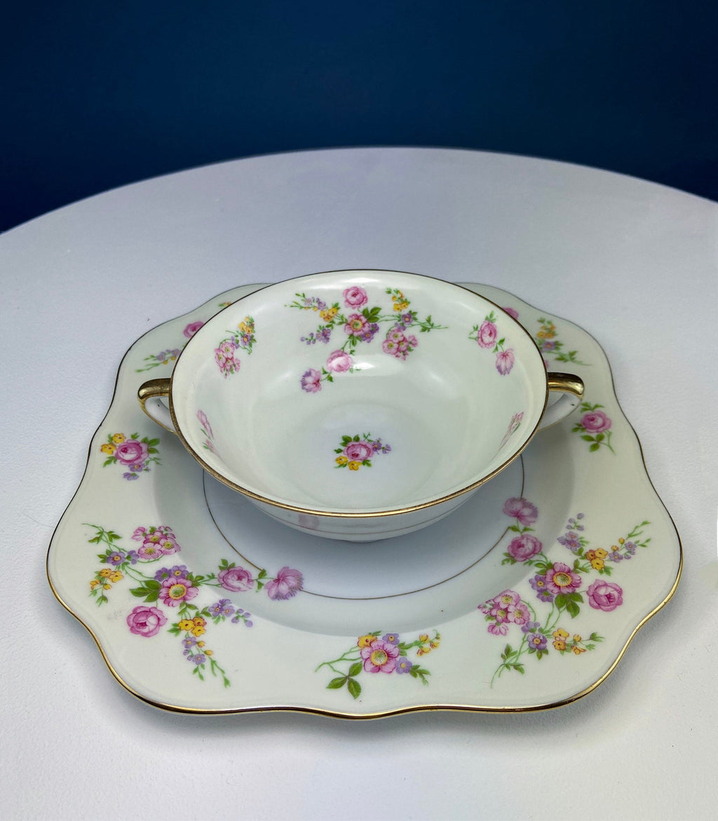 Antique Porcelain Bullion Bowls with Matching Square, 8.5" Dinner Plates. Set of 6. Flower Garlands, Sylvia by F&B Baronet China, Bohemia.