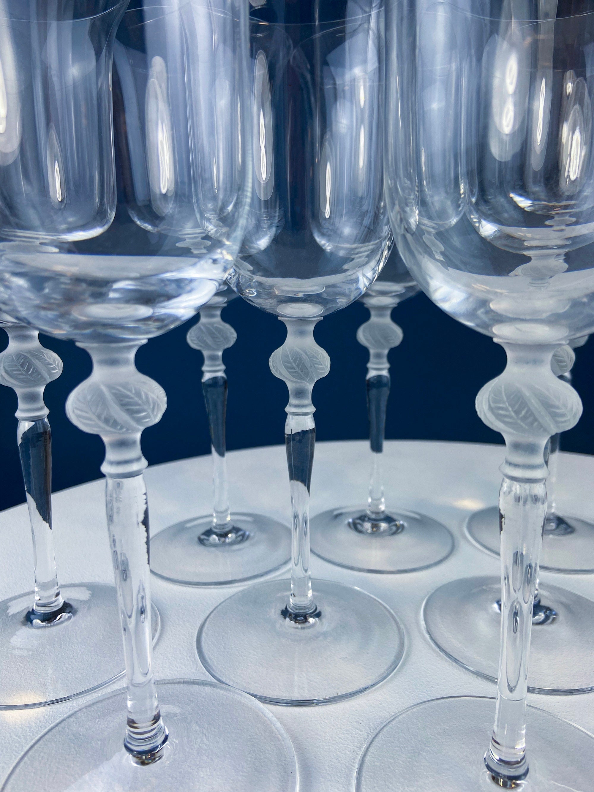 Clear Crystal Wine Goblets with Frosted Leaf Ball on the Stems. Stunning Sasaki Isabelle 8" Glassware. Long Ping. Set Of 10.