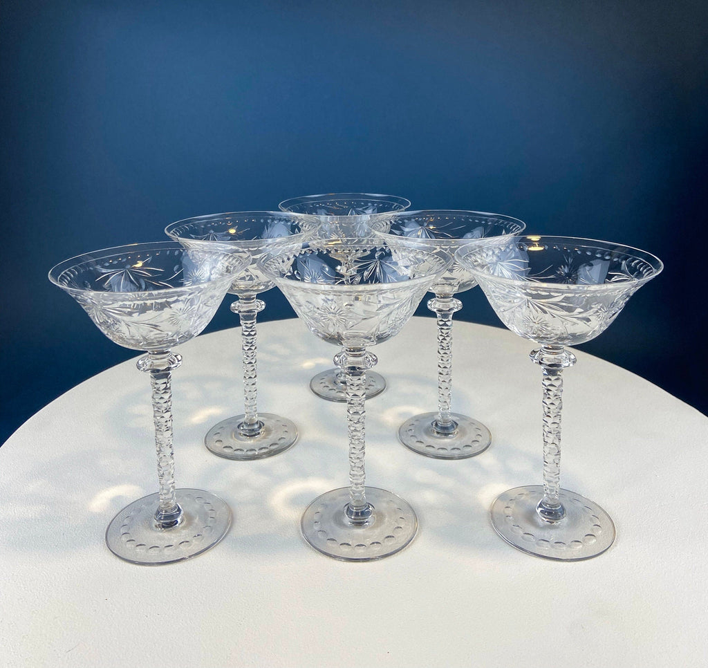 Clear Crystal Wine Goblets with Frosted Leaf Ball on the Stems. Stunning Sasaki Isabelle 8" Glassware. Long Ping. Set Of 10.