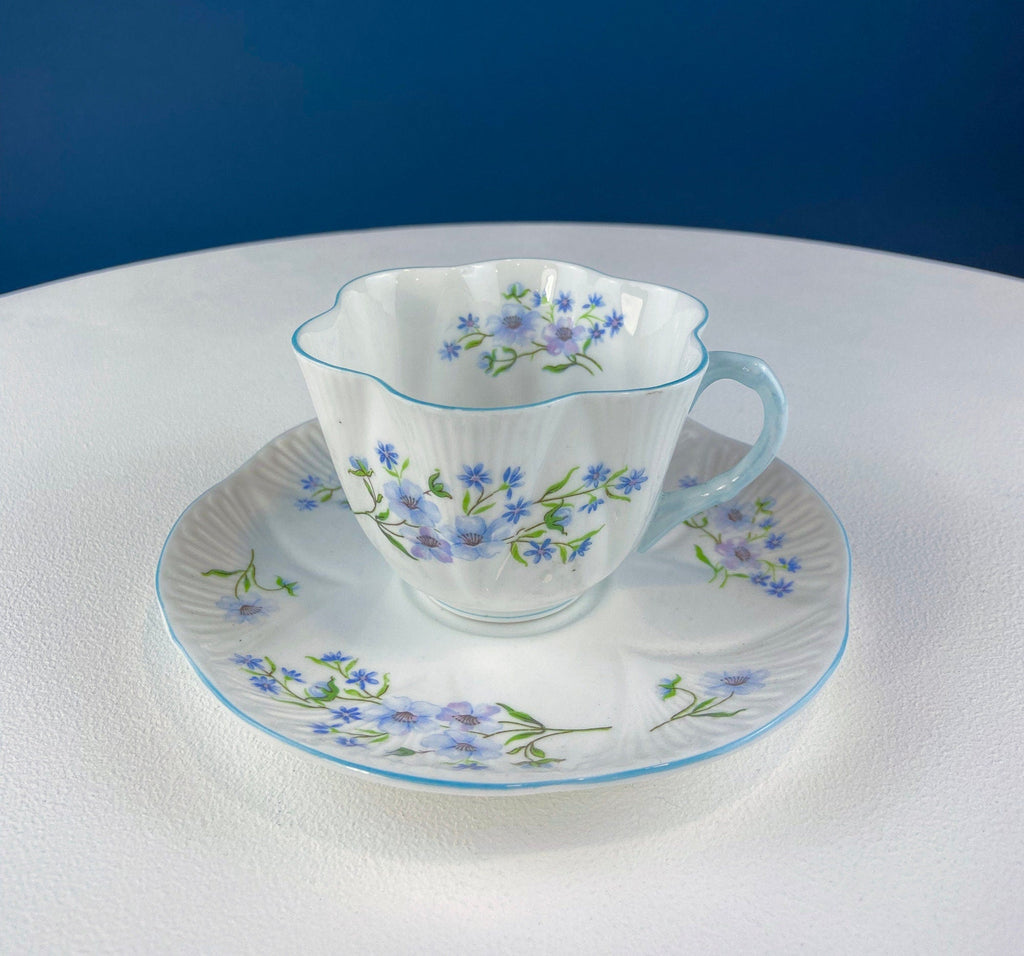 Antique Shelley Tea Cup & Saucer – Begonia Motif with Blue Handle