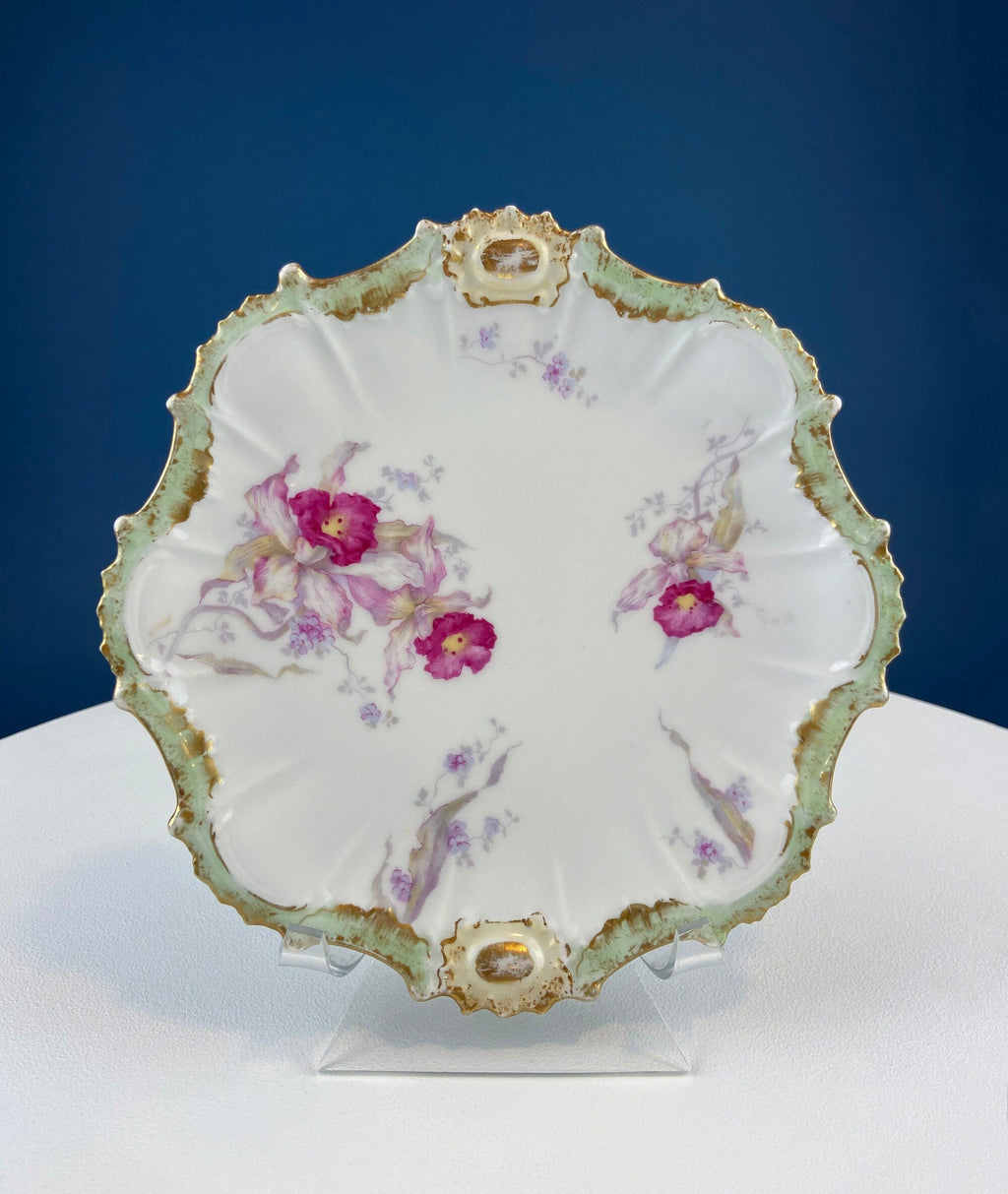 Antique Limoges Plate – Yellow & Pink Roses, Indian Red Scalloped Rim