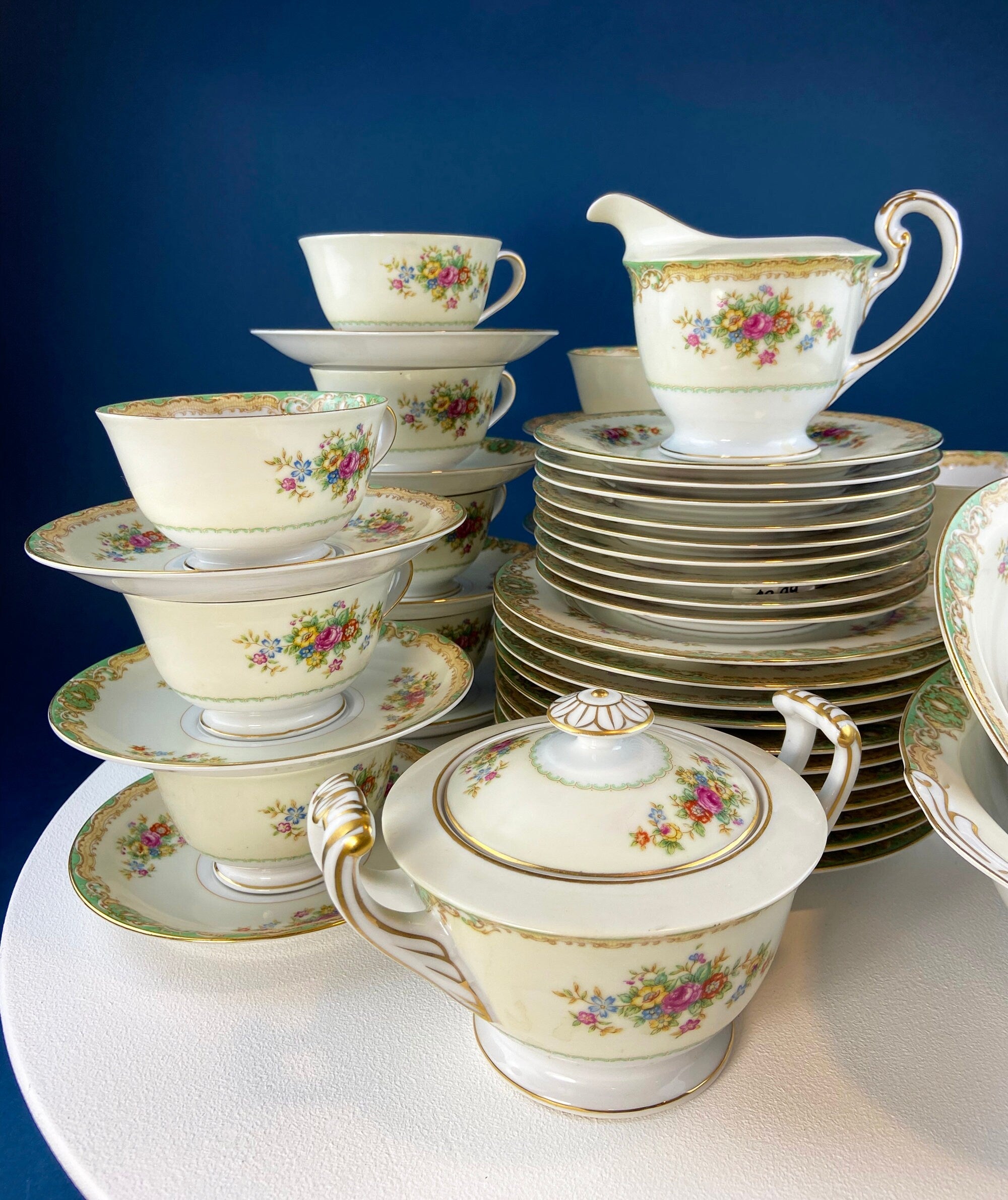 Mikado Fine China Green Floral Dinnerware Set – Complete Service