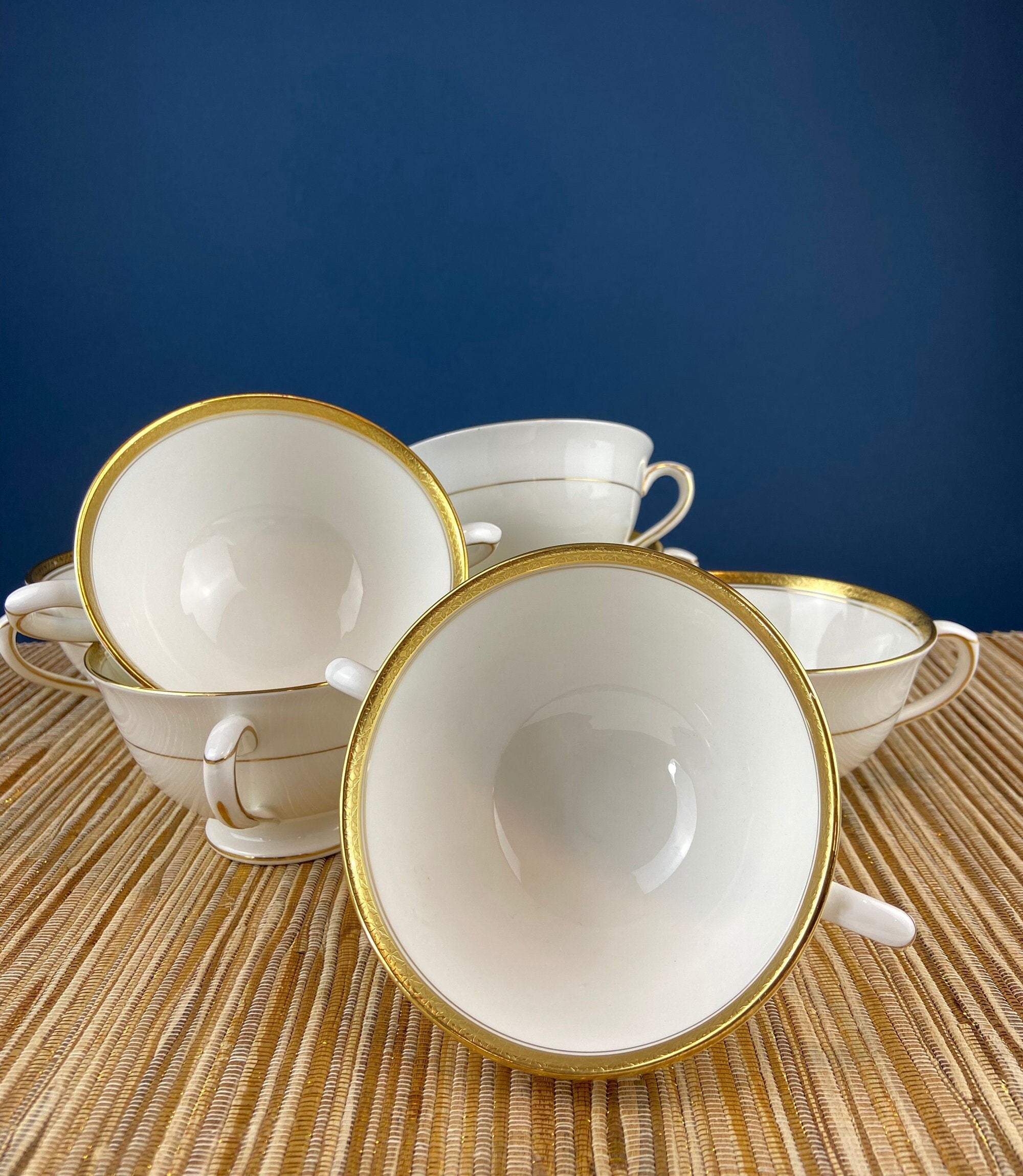 Coalport Wedding Band Porcelain Soup Cups – White & Gold, Set of 7