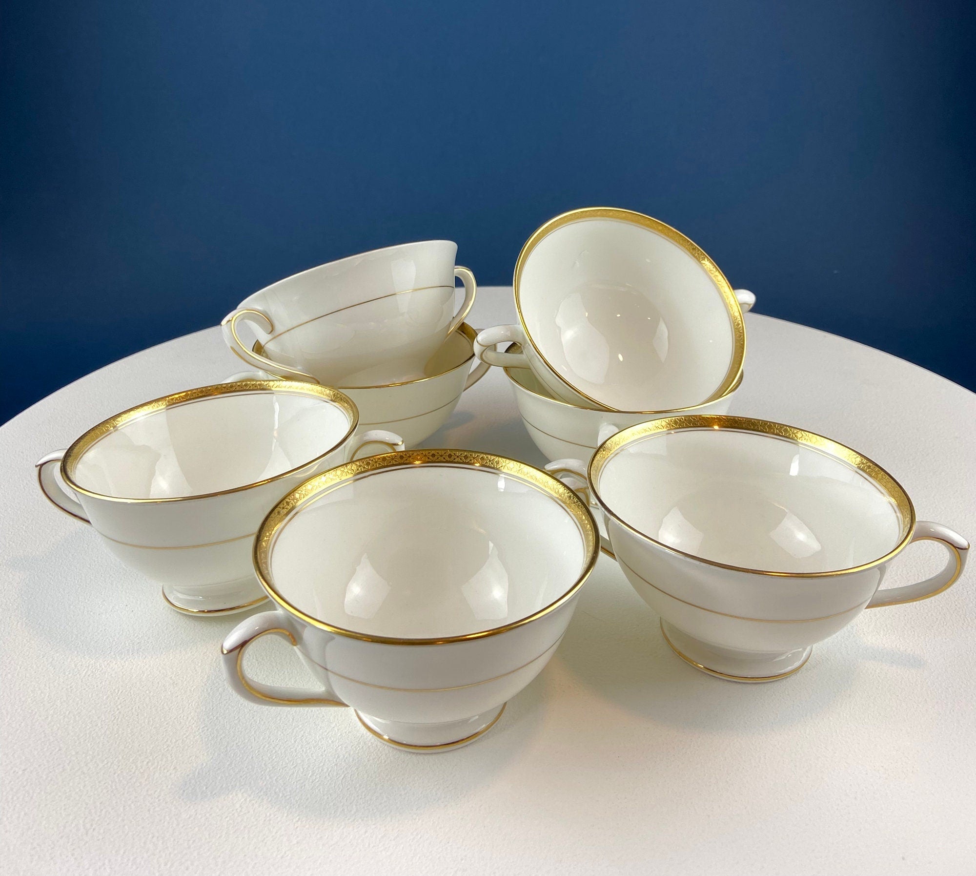 Coalport Wedding Band Porcelain Soup Cups – White & Gold, Set of 7