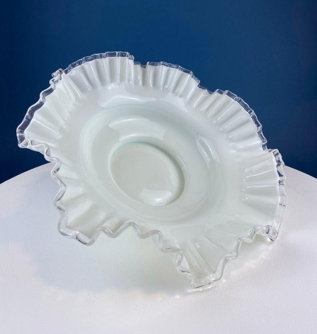 Silvercrest White Glass Fruit Bowl with Ruffled Clear Brim