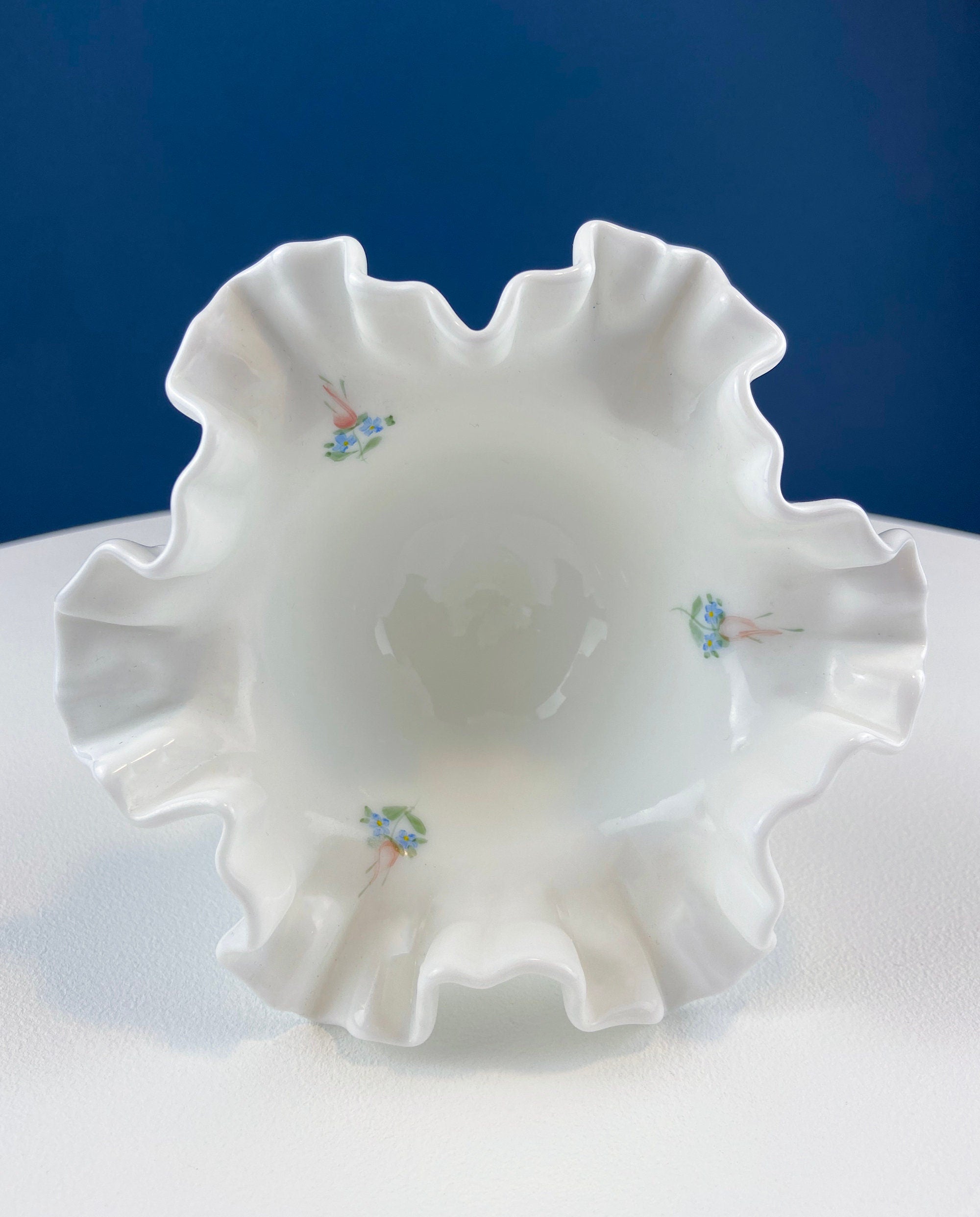 Fenton Handpainted Milk Glass Compote. White, Footed, Hobnail Bowl with Ruffled  Rim and Pastel Flowers. Wedding Gift. Modern Farmhouse.