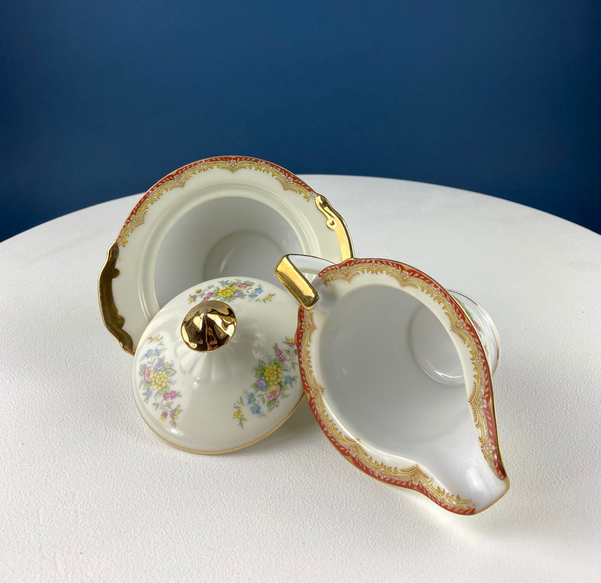 Kikusui China Vintage Dinner Set – Yellow & Red Bands with Rose Garlands, 30+ Pieces